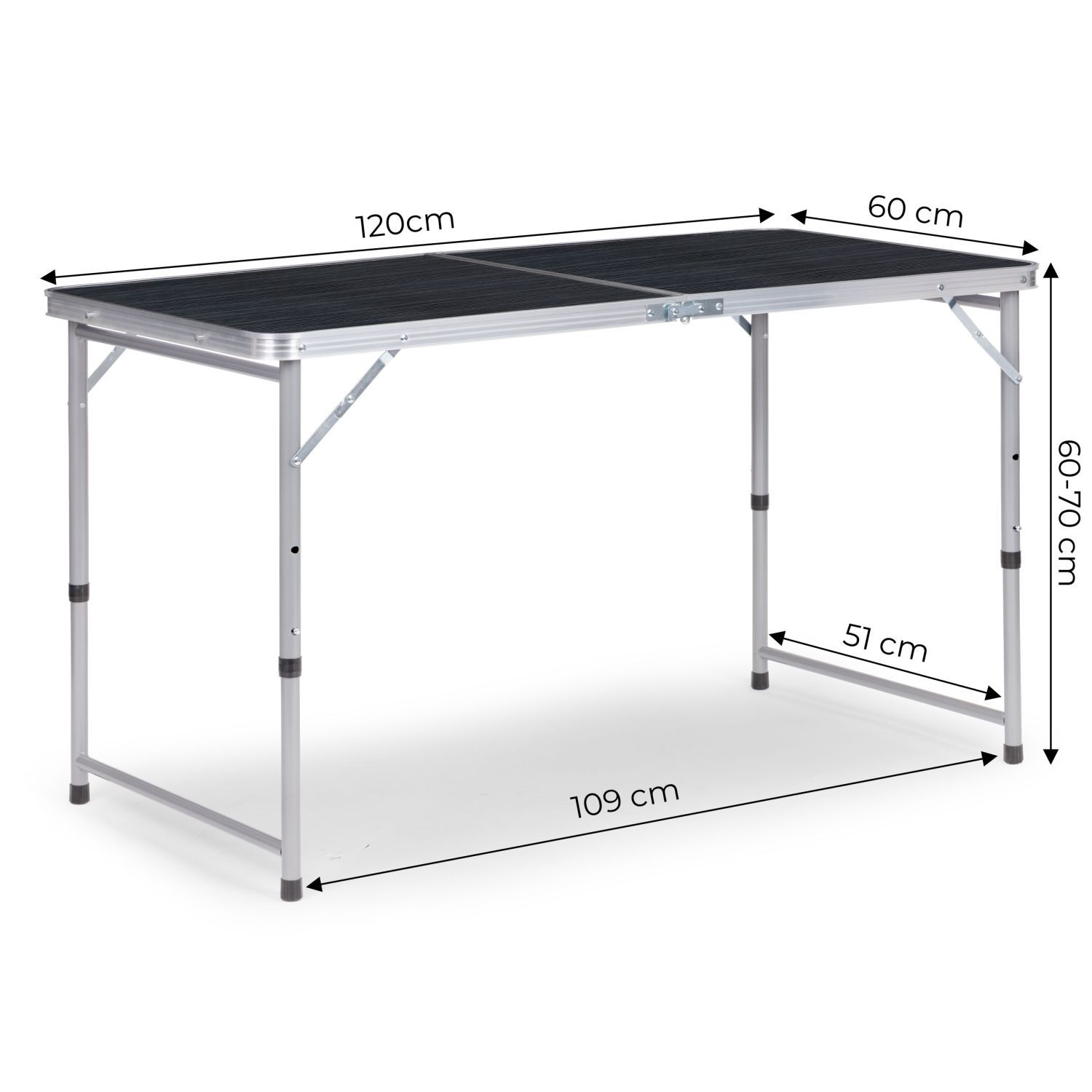 Składany stół z aluminiową ramą i czarnym blatem. Wymiary: 120x60x60-70 cm.