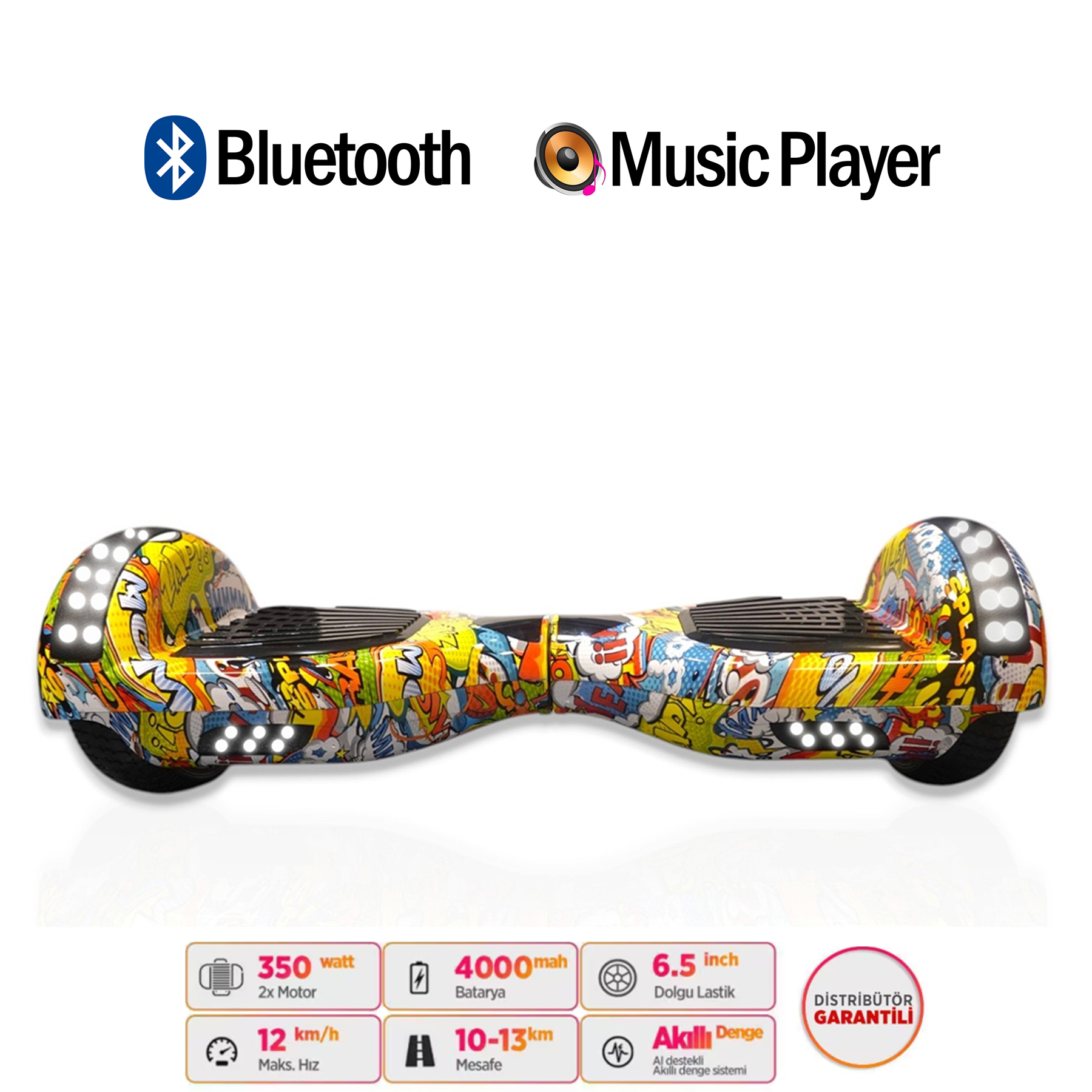 Renkli çizgi roman desenli, Bluetooth ve müzik çalar simgeli Hoverboard.