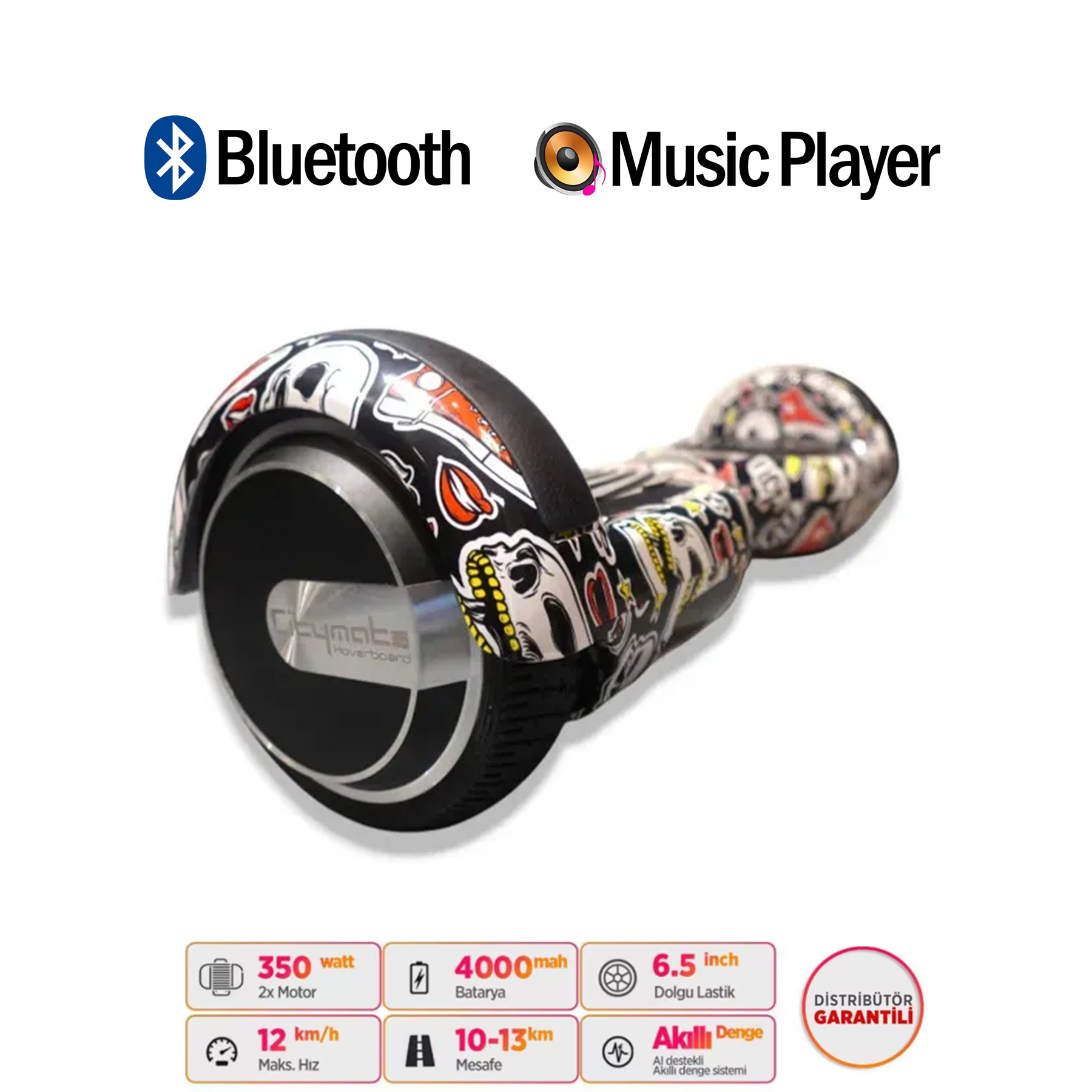 Siyah desenli, Bluetooth ve müzik çalar ikonlu bir hoverboard.