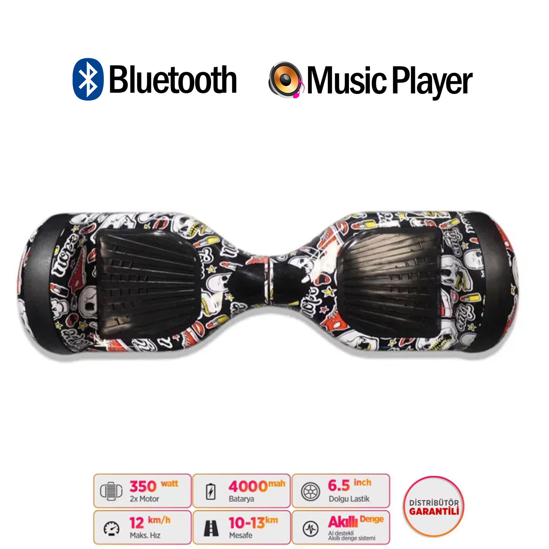 Kurukafa desenli, Bluetooth'lu ve müzik çalarlı hoverboard.