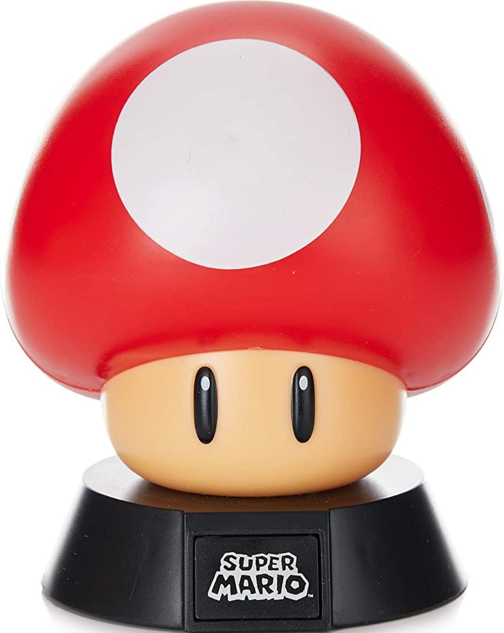 Czerwona lampa grzybek Super Mario z białymi kropkami i czarną podstawą.