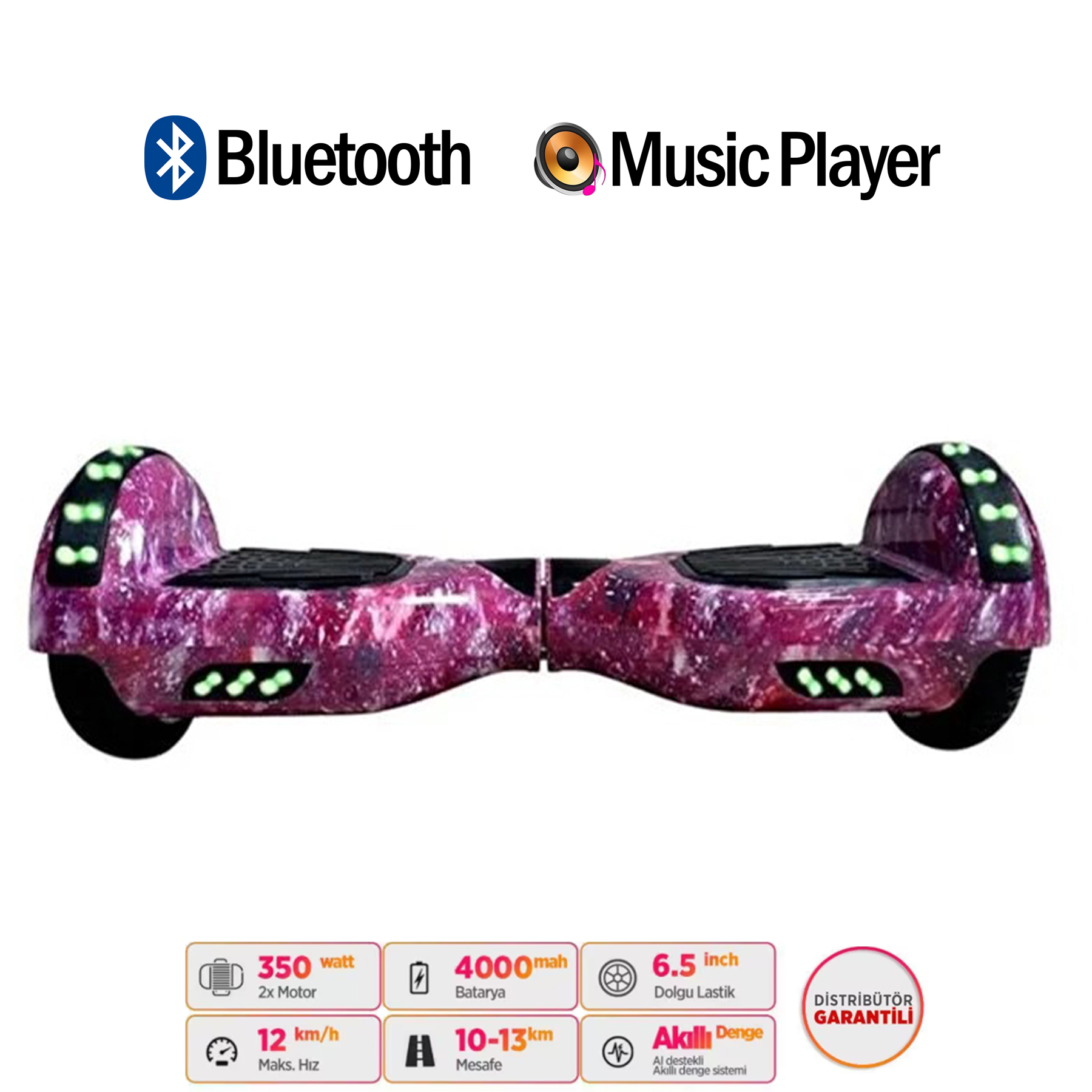 Bluetooth ve Müzik Çalar özellikli mor hoverboard, altındaki özellikler.