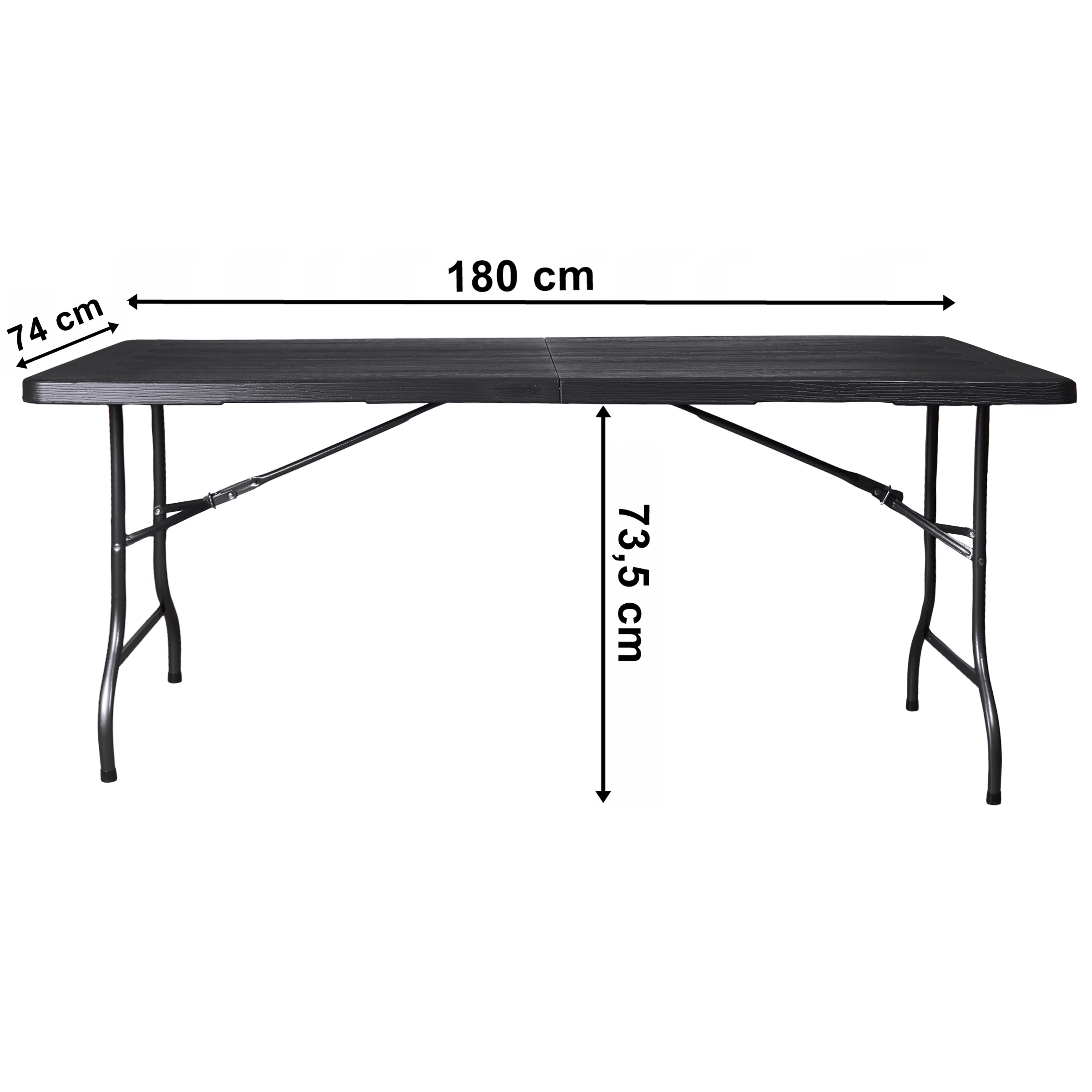Czarny stół składany, długość 180 cm, szerokość 74 cm, wysokość 73,5 cm.
