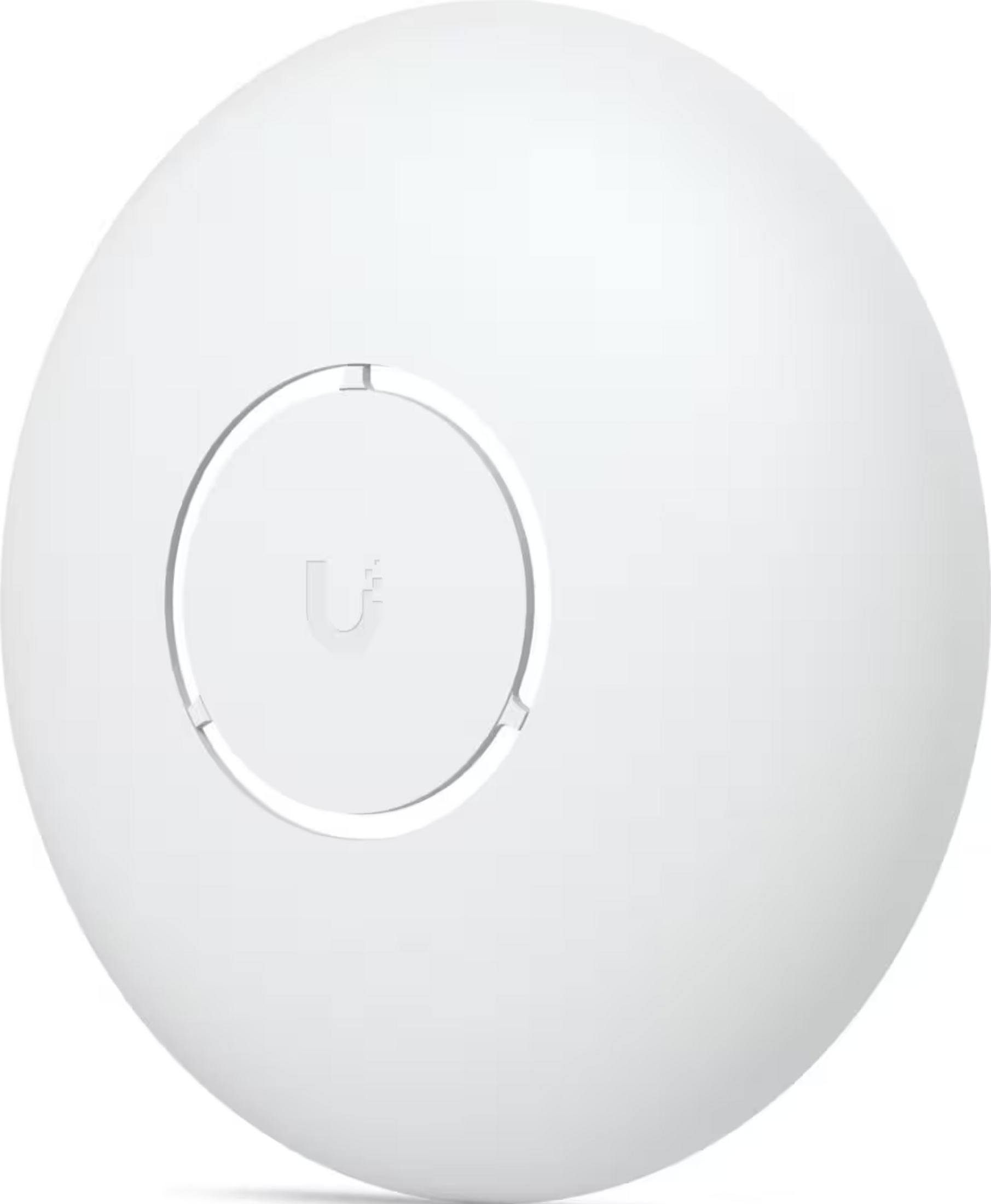 Biały, okrągły punkt dostępowy Wi-Fi z logo w kształcie litery U.