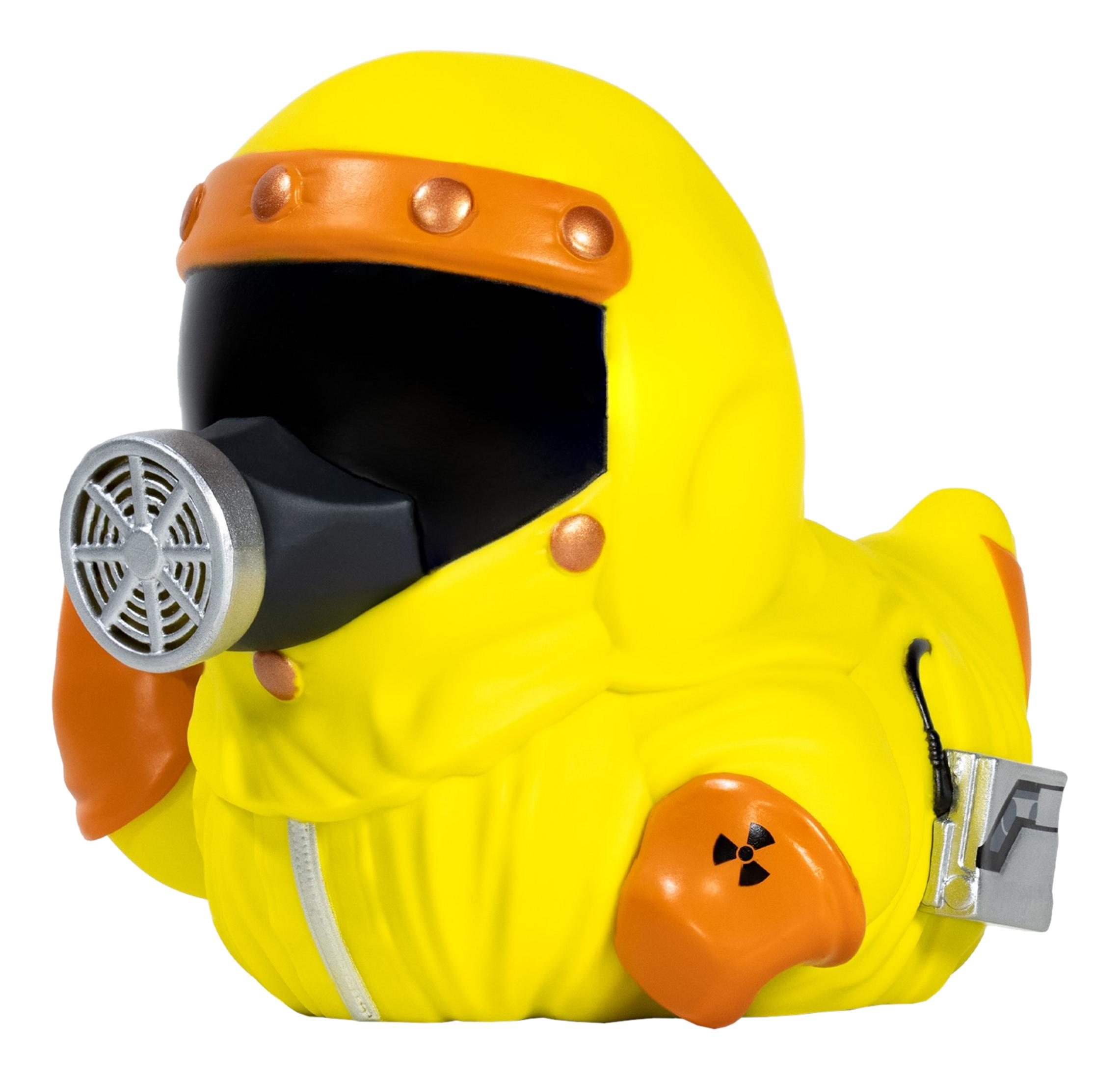 Gelbe Ente in Schutzanzug mit Gasmaske und Atomsymbol.