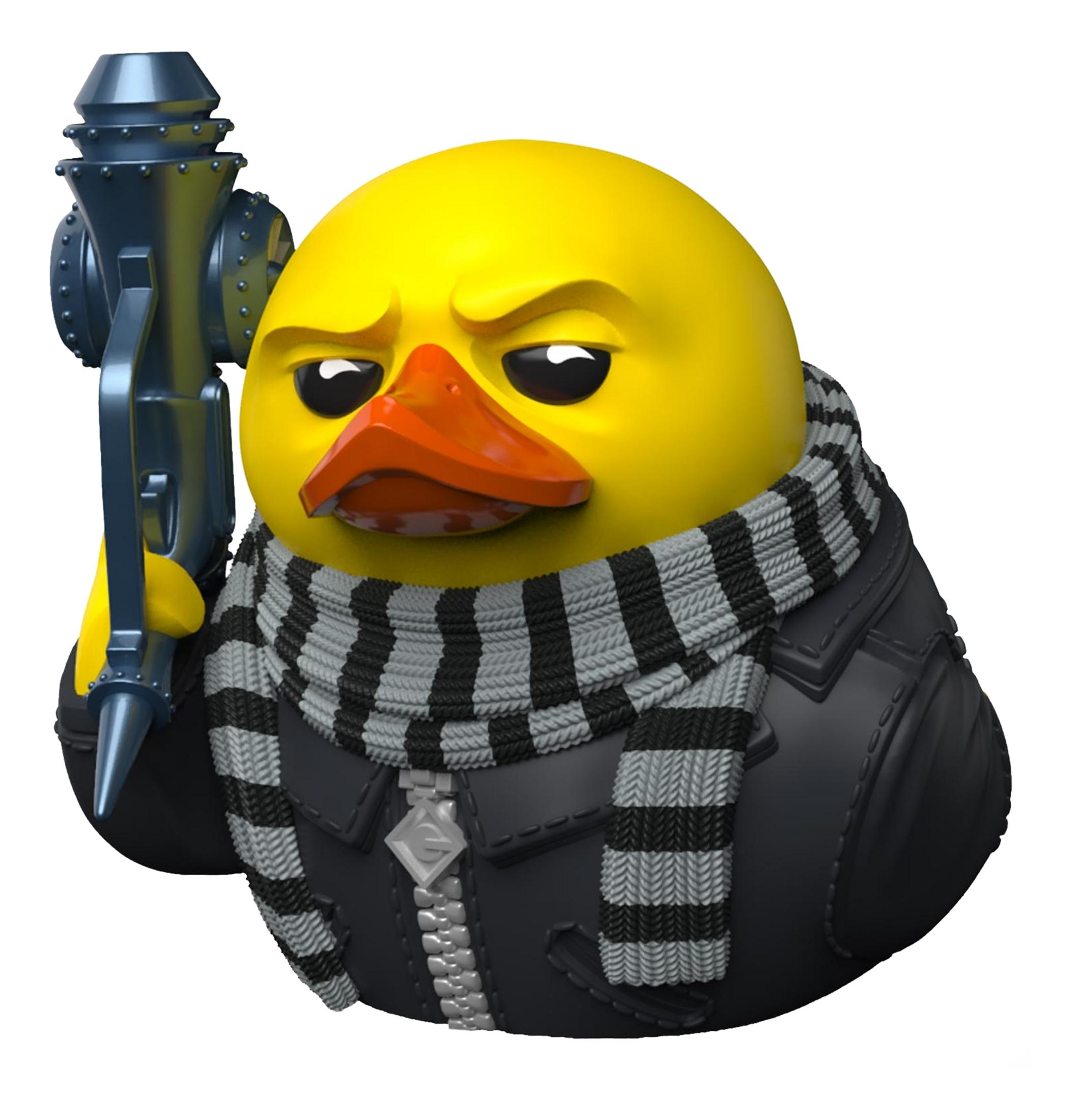 Gelbe Ente mit Schnurrbart, Schal und Waffe.