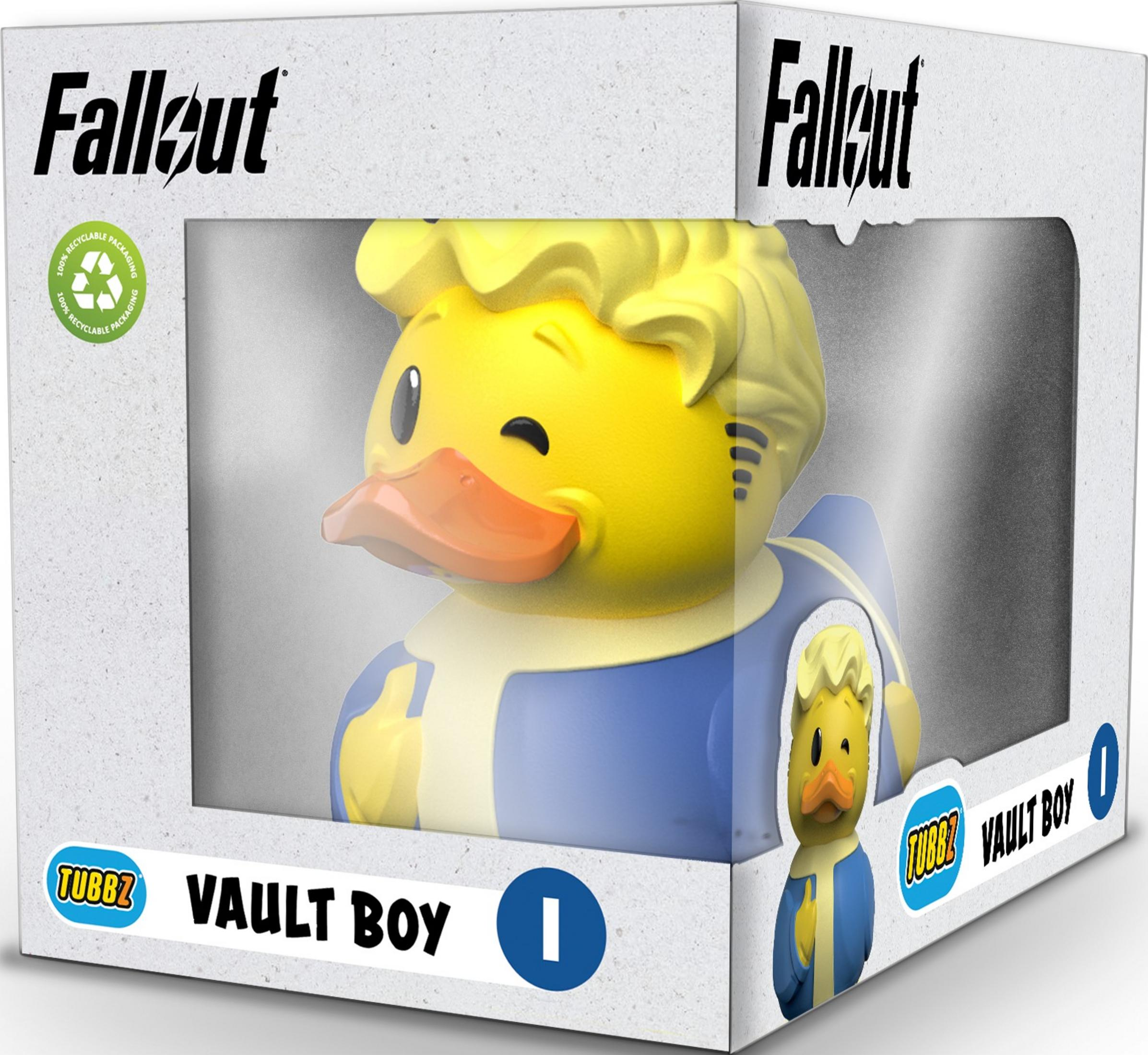 Eine gelbe Quietscheente im Stil von Vault Boy mit blauer Kleidung.