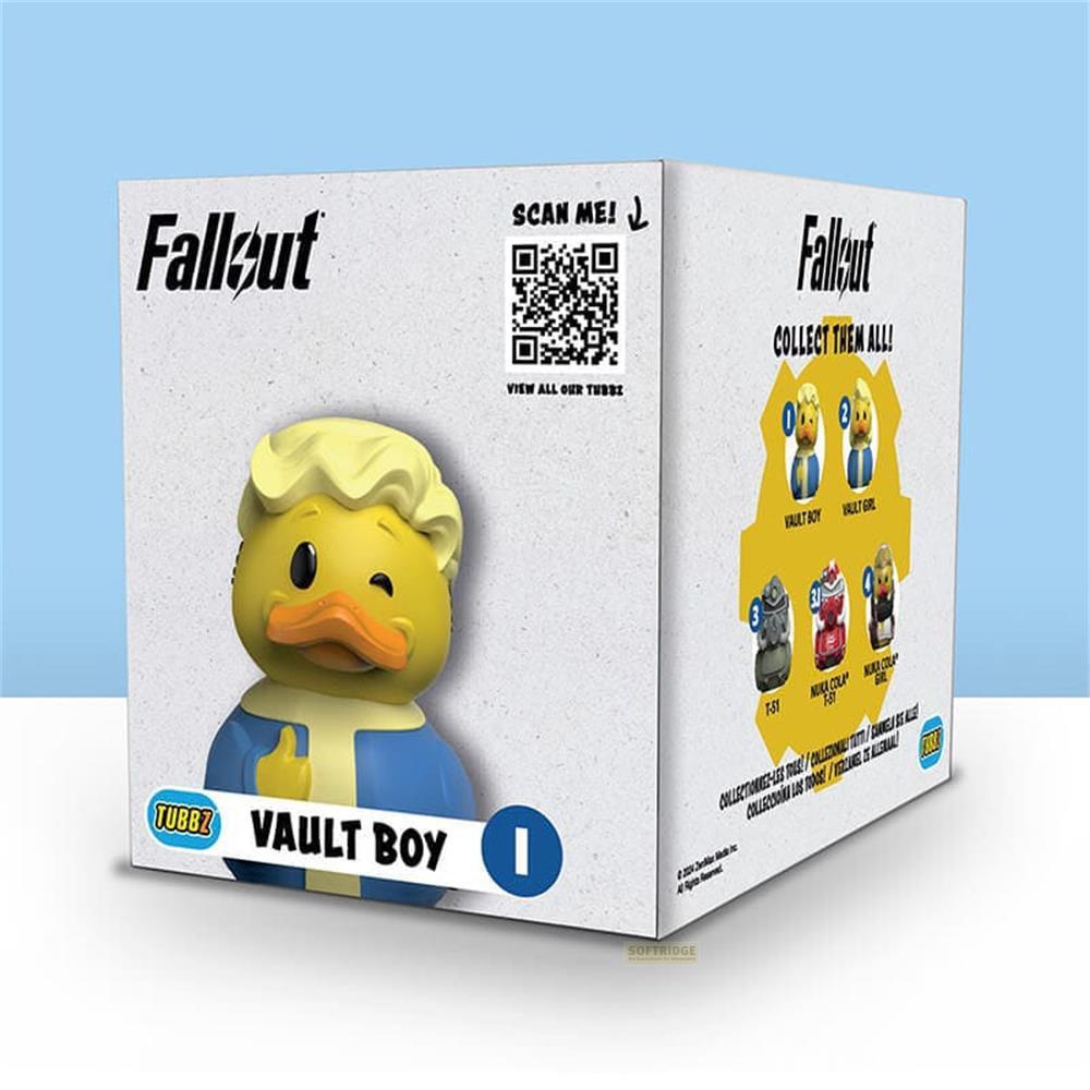 Fallout Tubbz Vault Boy Ente auf Kartonverpackung mit QR-Code und Sammelfiguren
