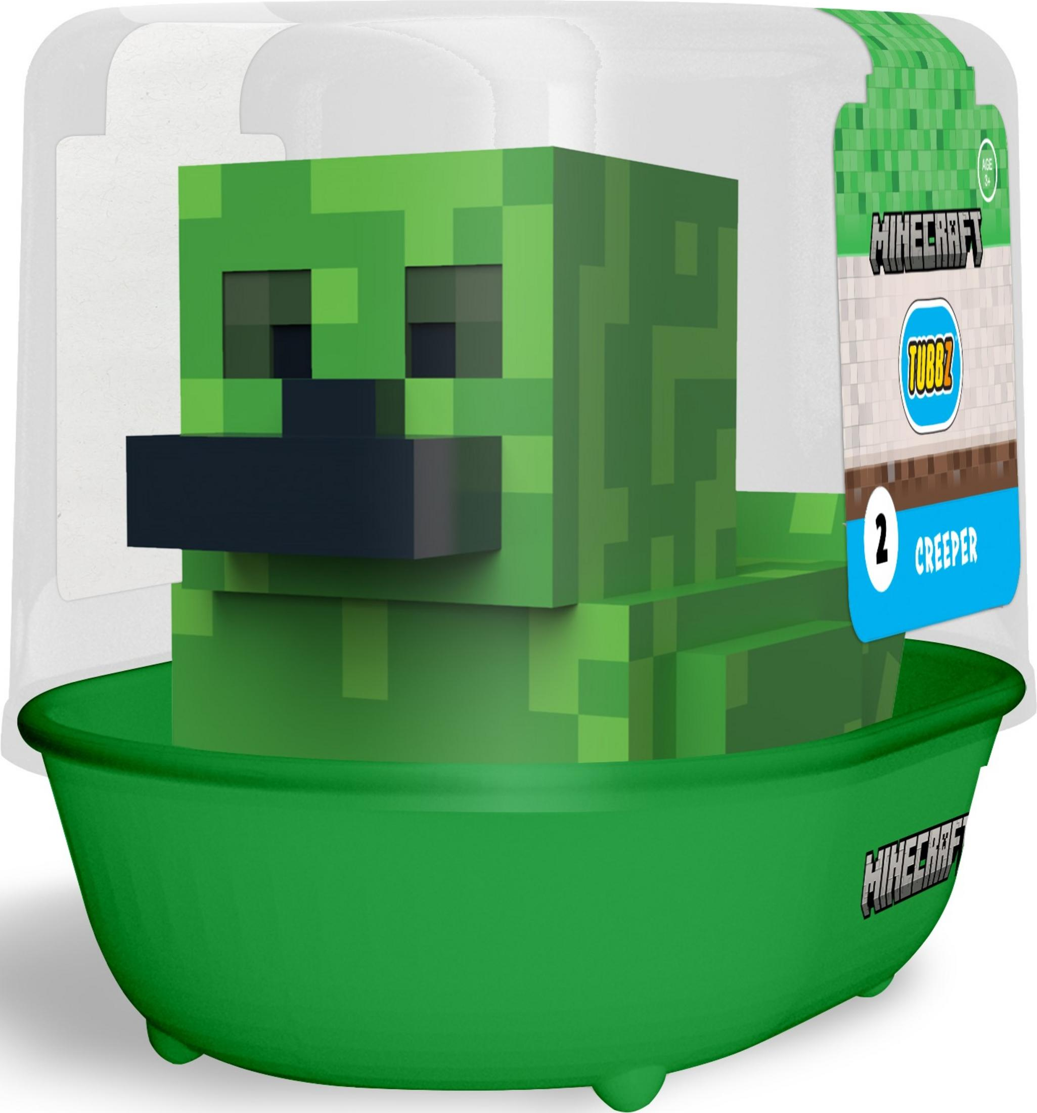 Ein Minecraft Creeper in einer grünen Badewanne, in Plastik verpackt.