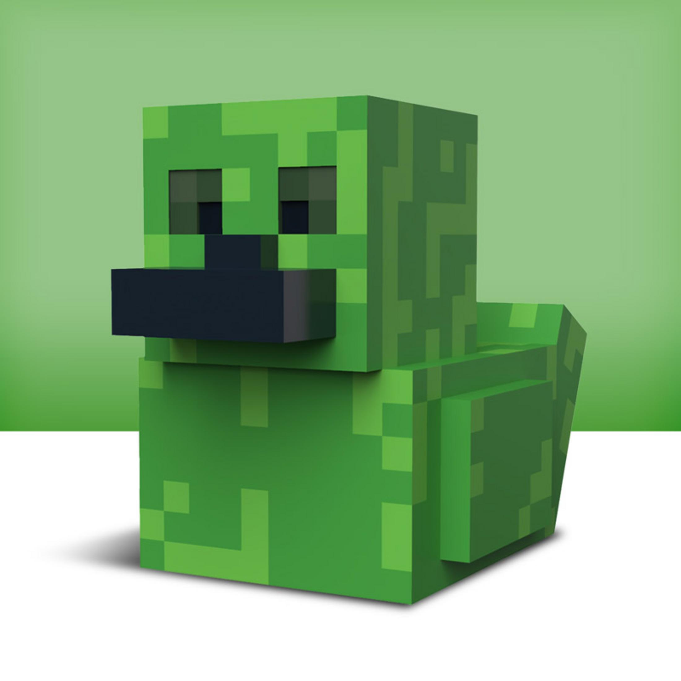 Ein grüner Minecraft-Enten-Charakter steht vor einem grünen Hintergrund.