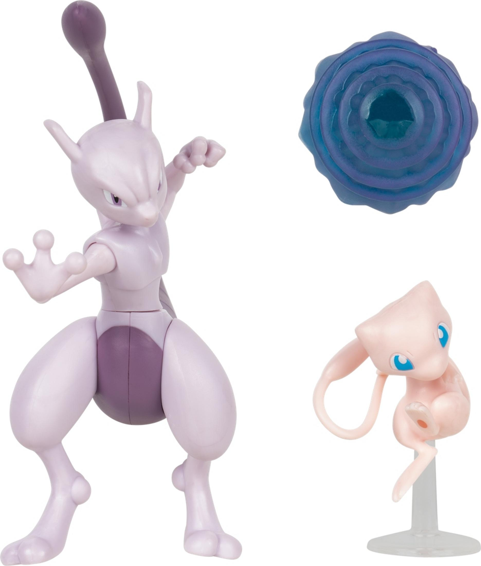 Lila Mewtwo Figur mit blauer Energieball und rosa Mew Figur auf Ständer.