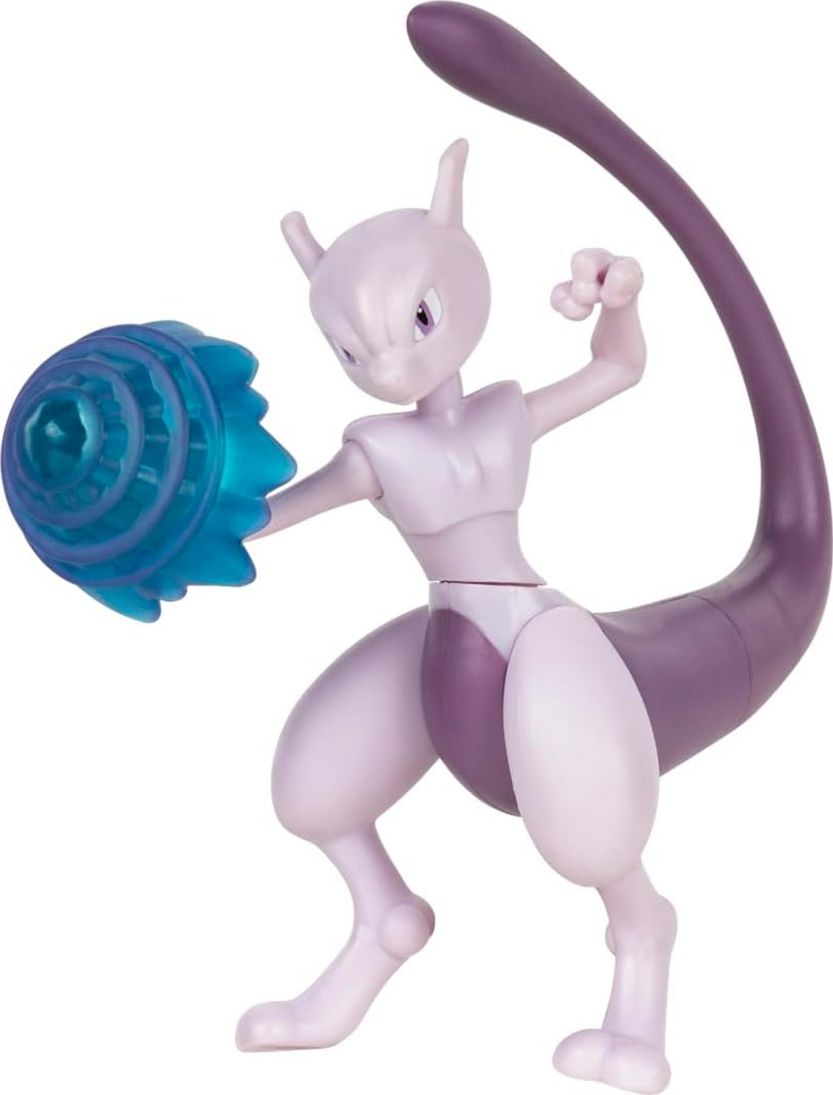Eine lila Mewtu-Figur mit einem blauen Energieball in der linken Hand.