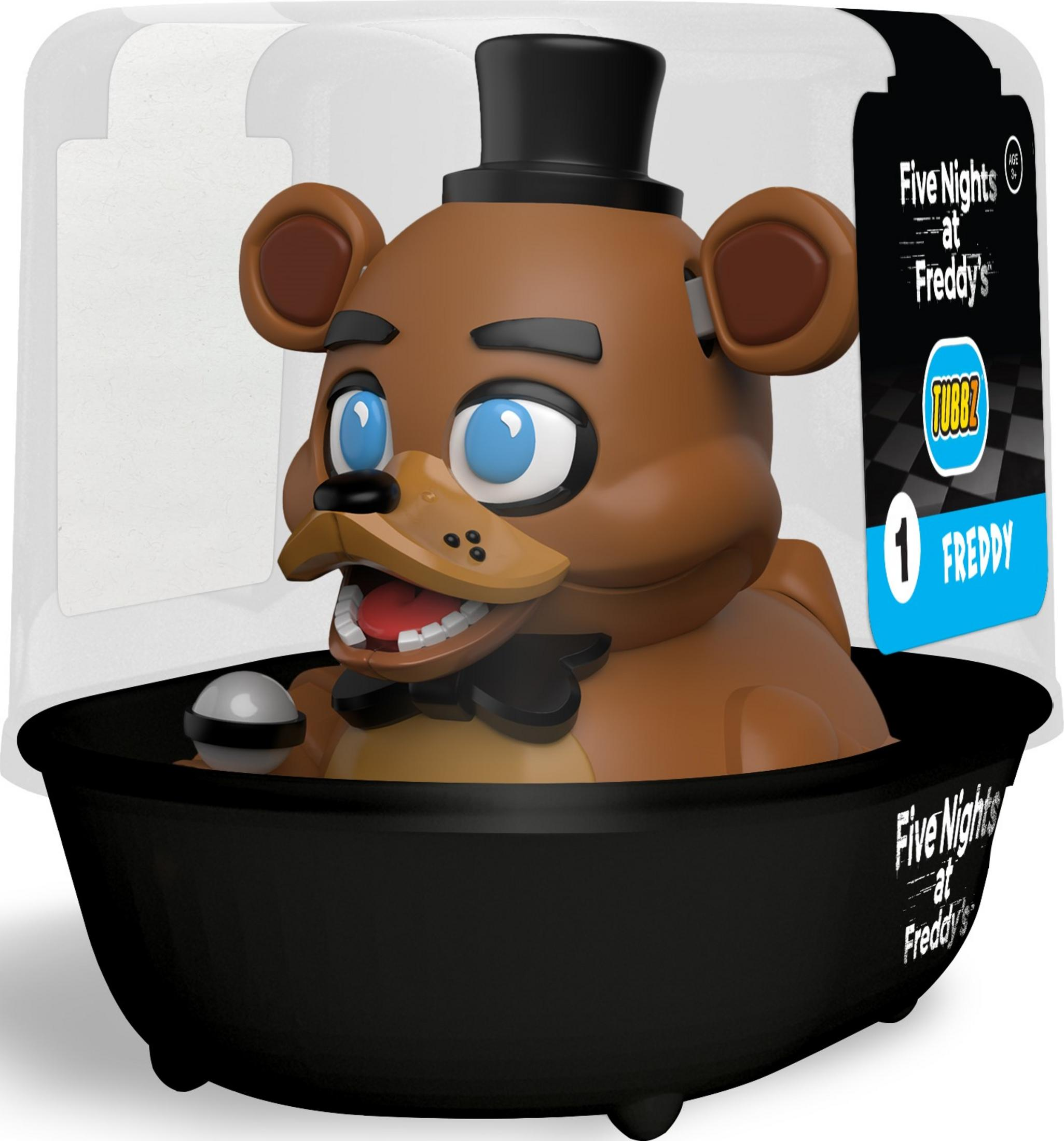 Freddy Fazbear Tubbz-Figur in einer schwarzen Badewanne, trägt Zylinder und Fliege.