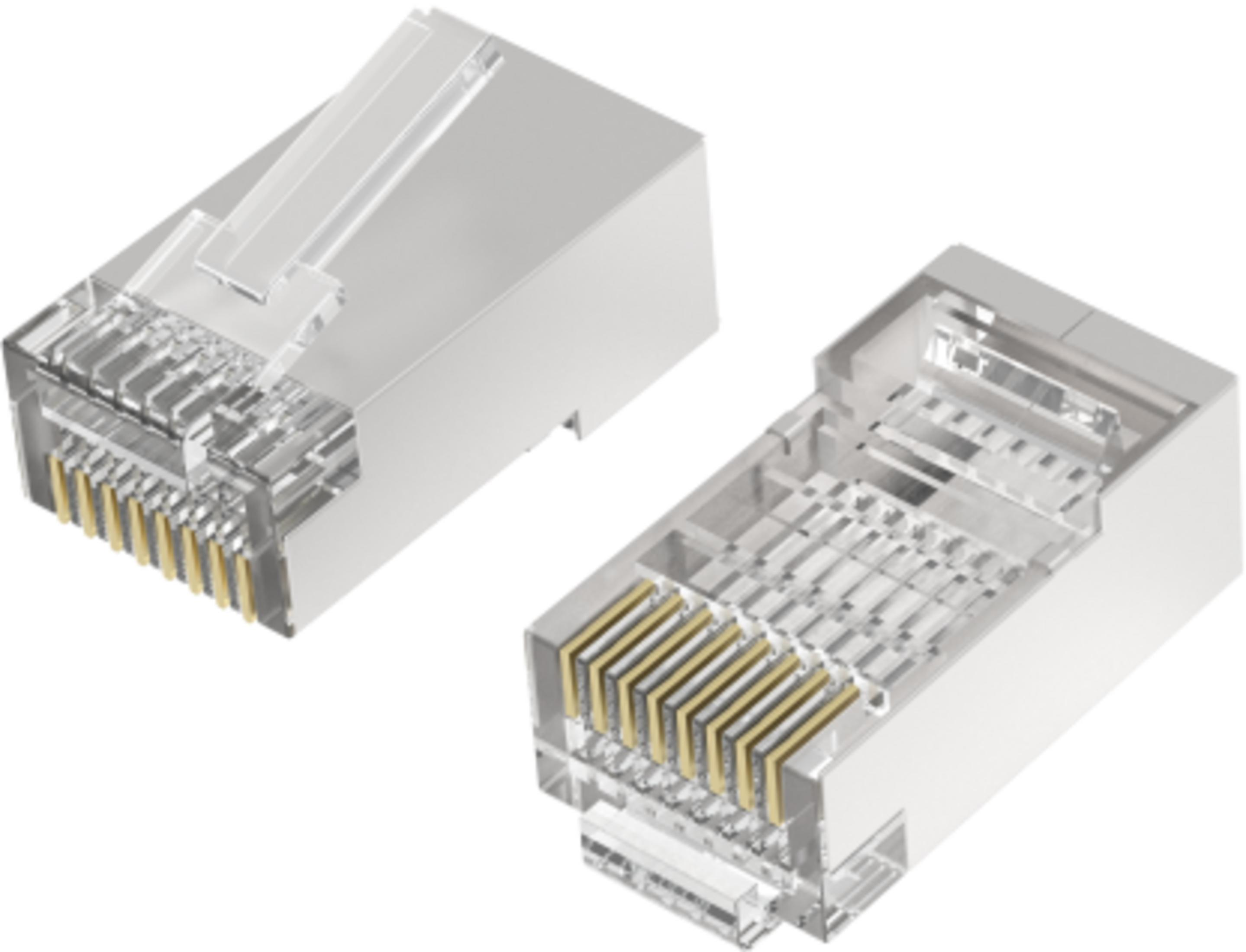 Zwei klare RJ45-Steckverbinder mit Goldstiften und silbernem Gehäuse auf weißem Grund.