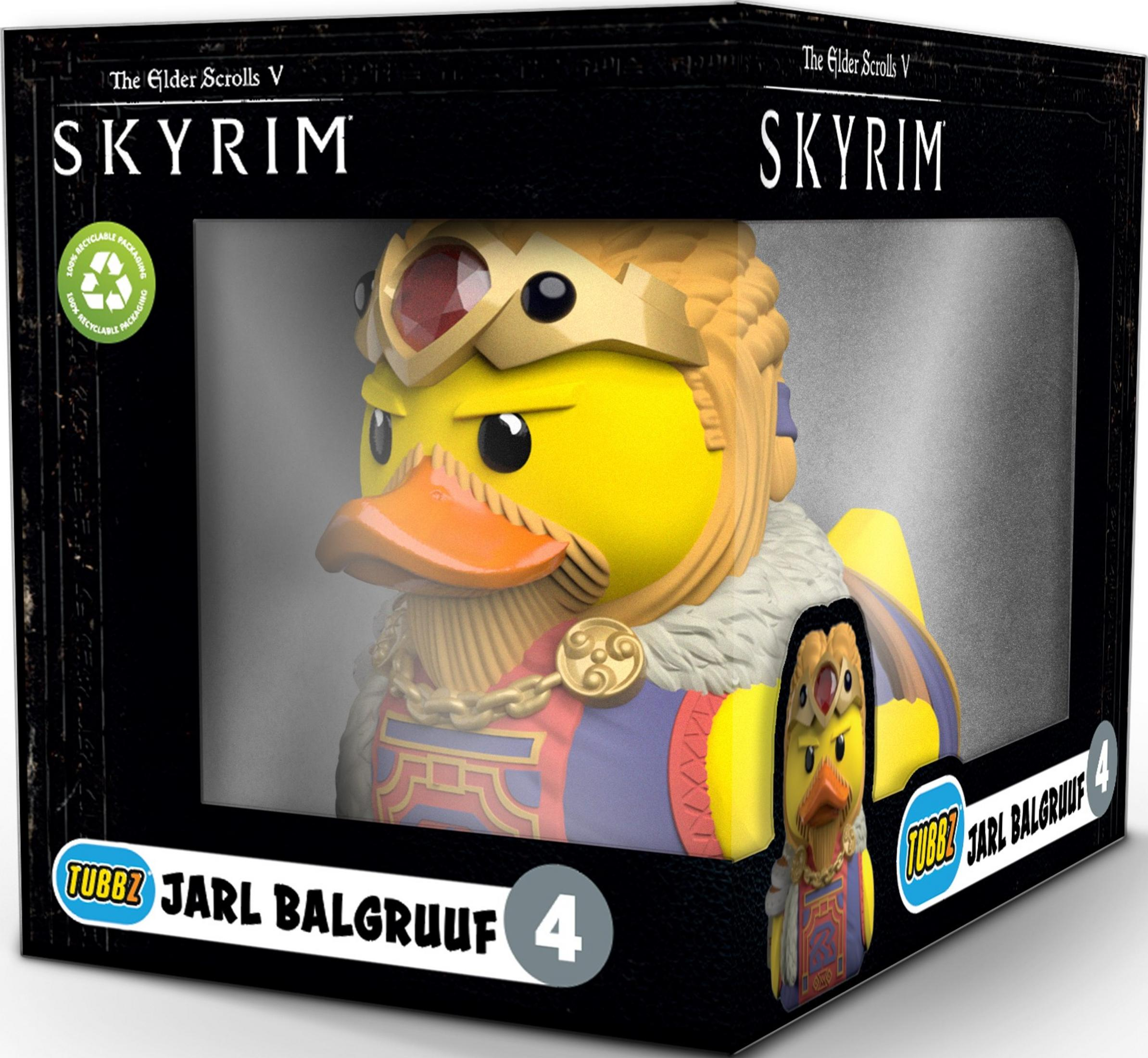 Ein gelber "Jarl Balgruuf"-Badewannen-Enten-Sammlerstück in Skyrim-Verpackung.