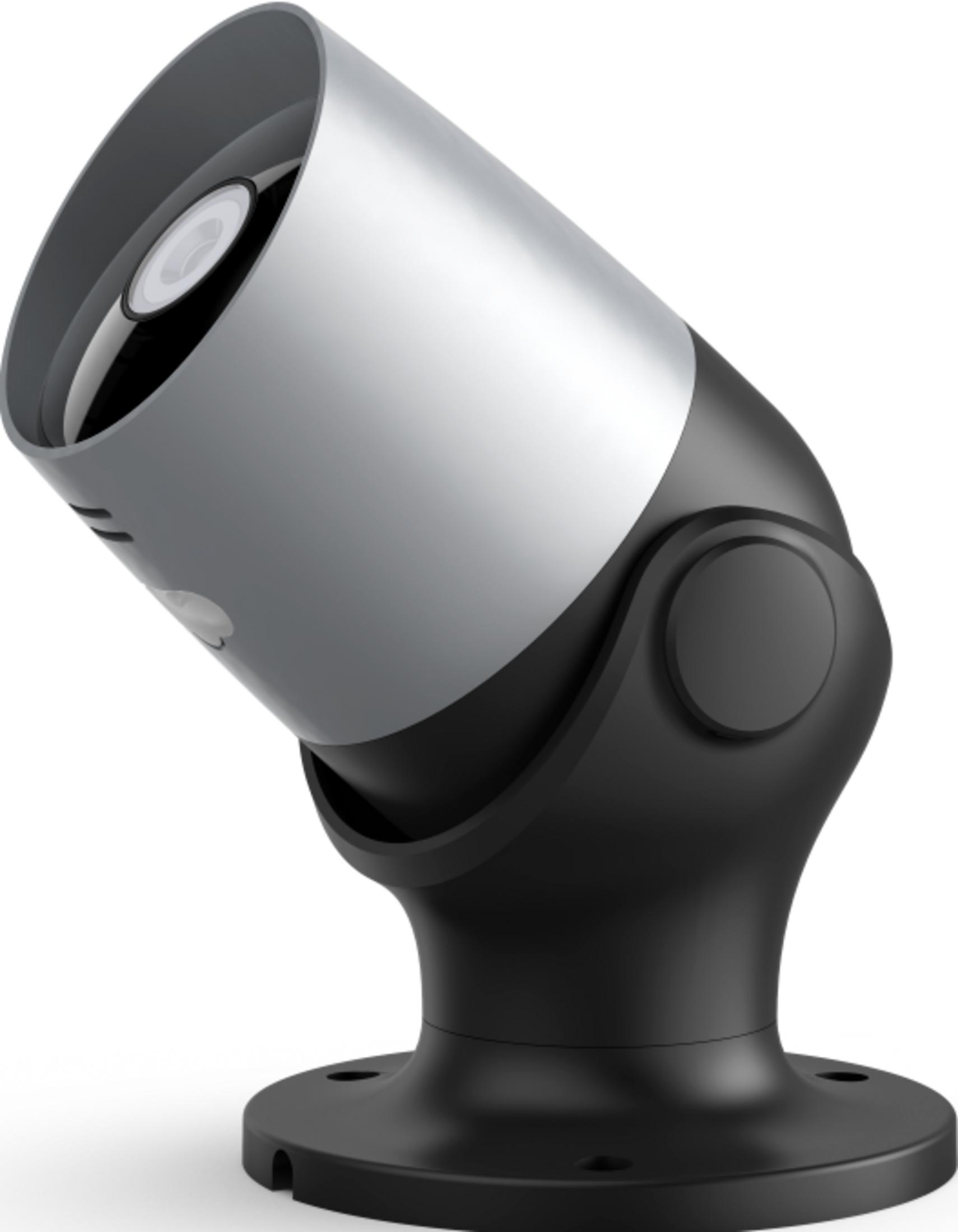 Una telecamera di sicurezza argentata e nera con base rotonda.