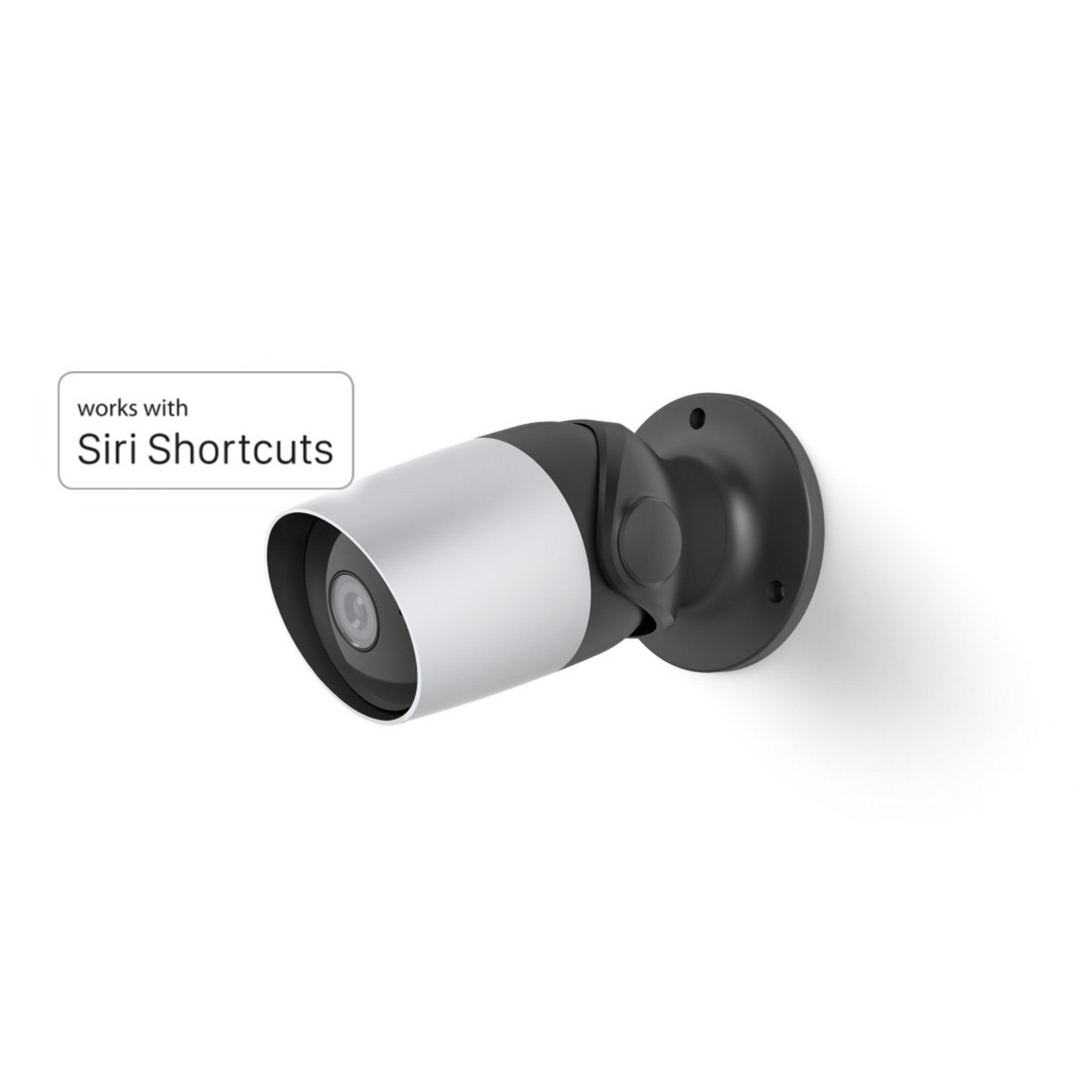 Telecamera di sicurezza argento e nera, funziona con Siri Shortcuts.