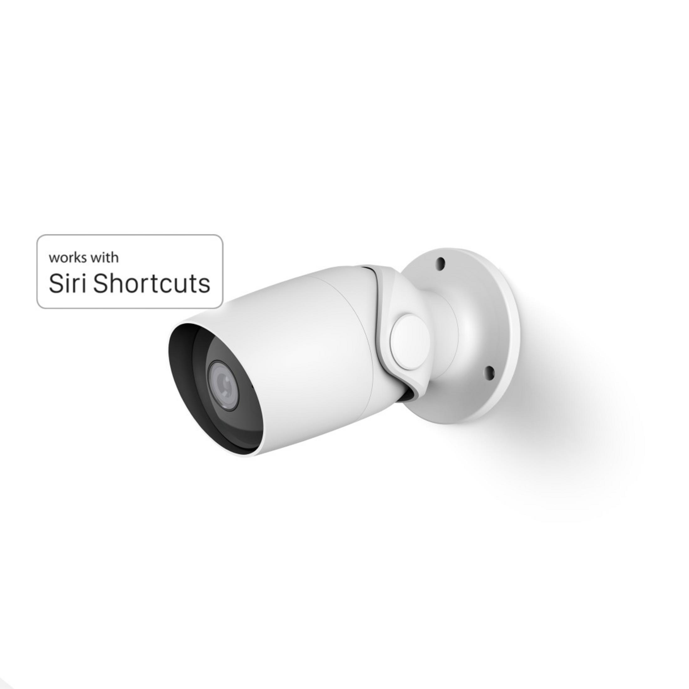 Eine weiße Überwachungskamera mit Siri Shortcuts-Logo auf weißem Grund.