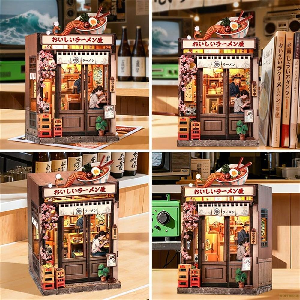 Miniatur-Ramenladen-Modell mit Kirschblüten, einer Ramenschüssel oben drauf.