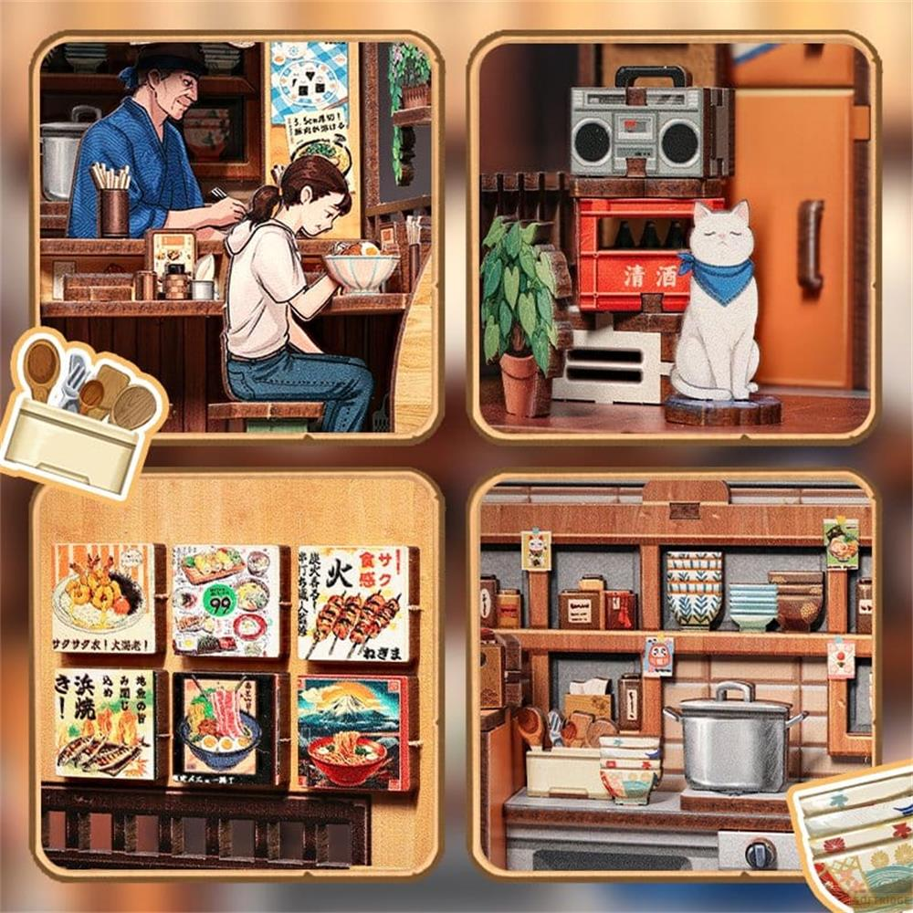 Miniatur-Szene eines japanischen Restaurants mit Gästen und Koch.
