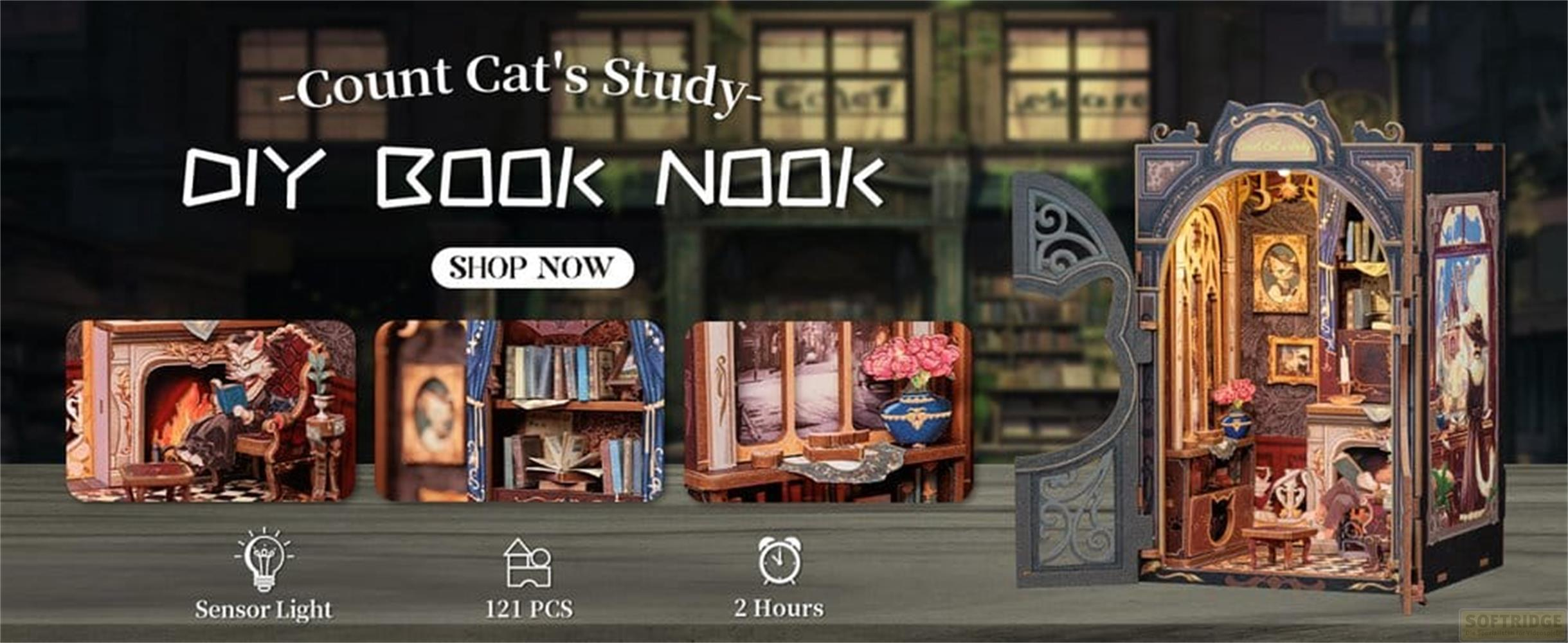 Ein Diorama eines Arbeitszimmers mit Katze, Büchern und Kamin.