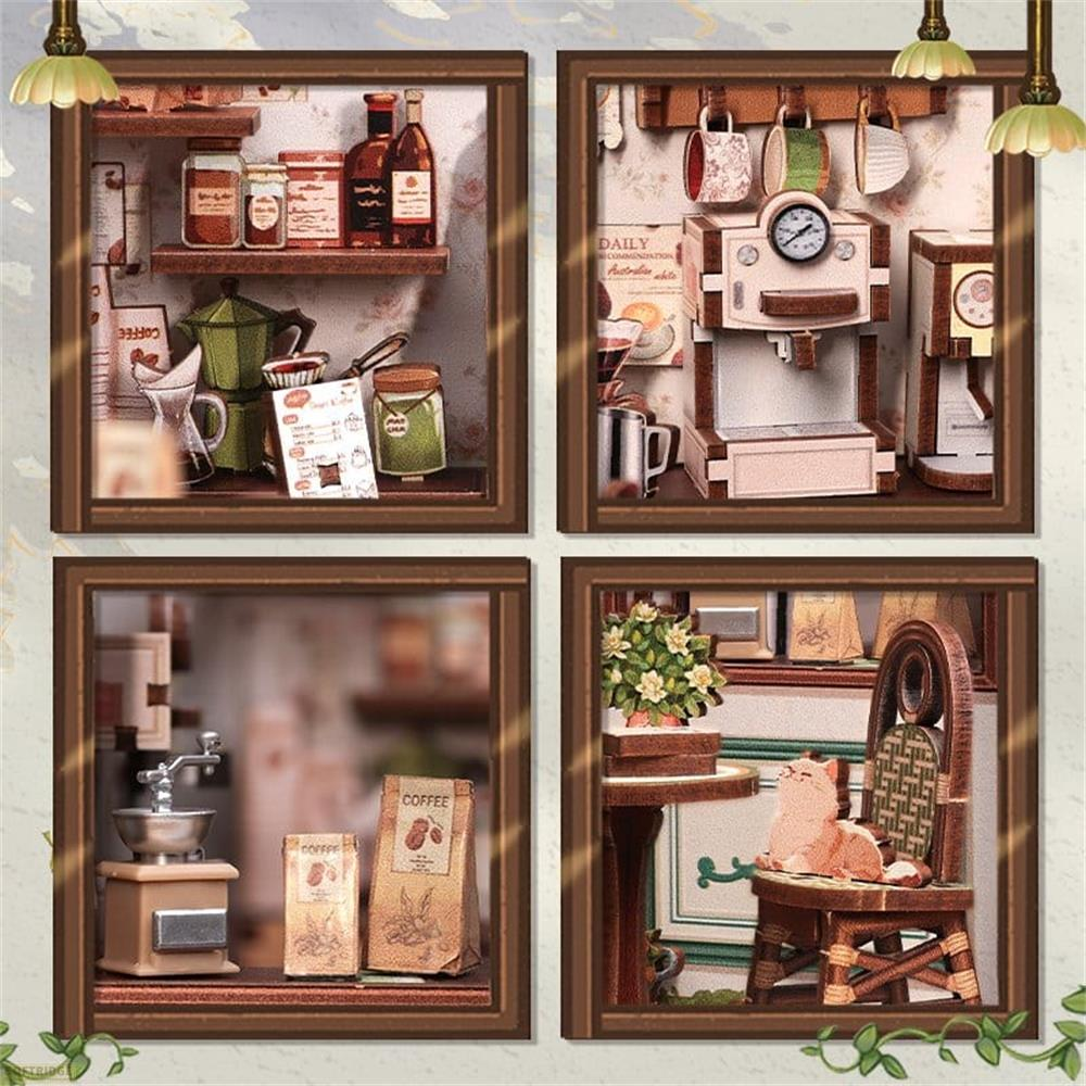 Diorama miniature de cuisine à café avec cafetière, machine à café, moulin et chat.