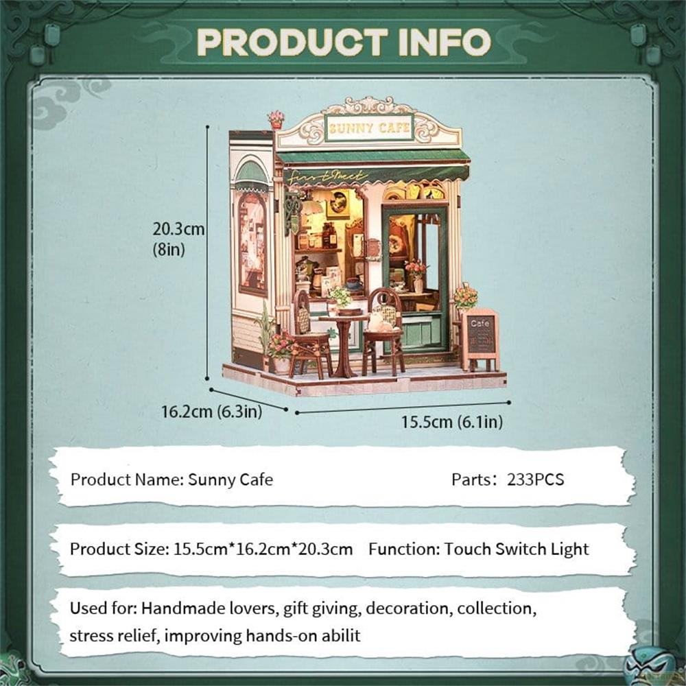 Modèle de café miniature avec dimensions et informations sur le produit.
