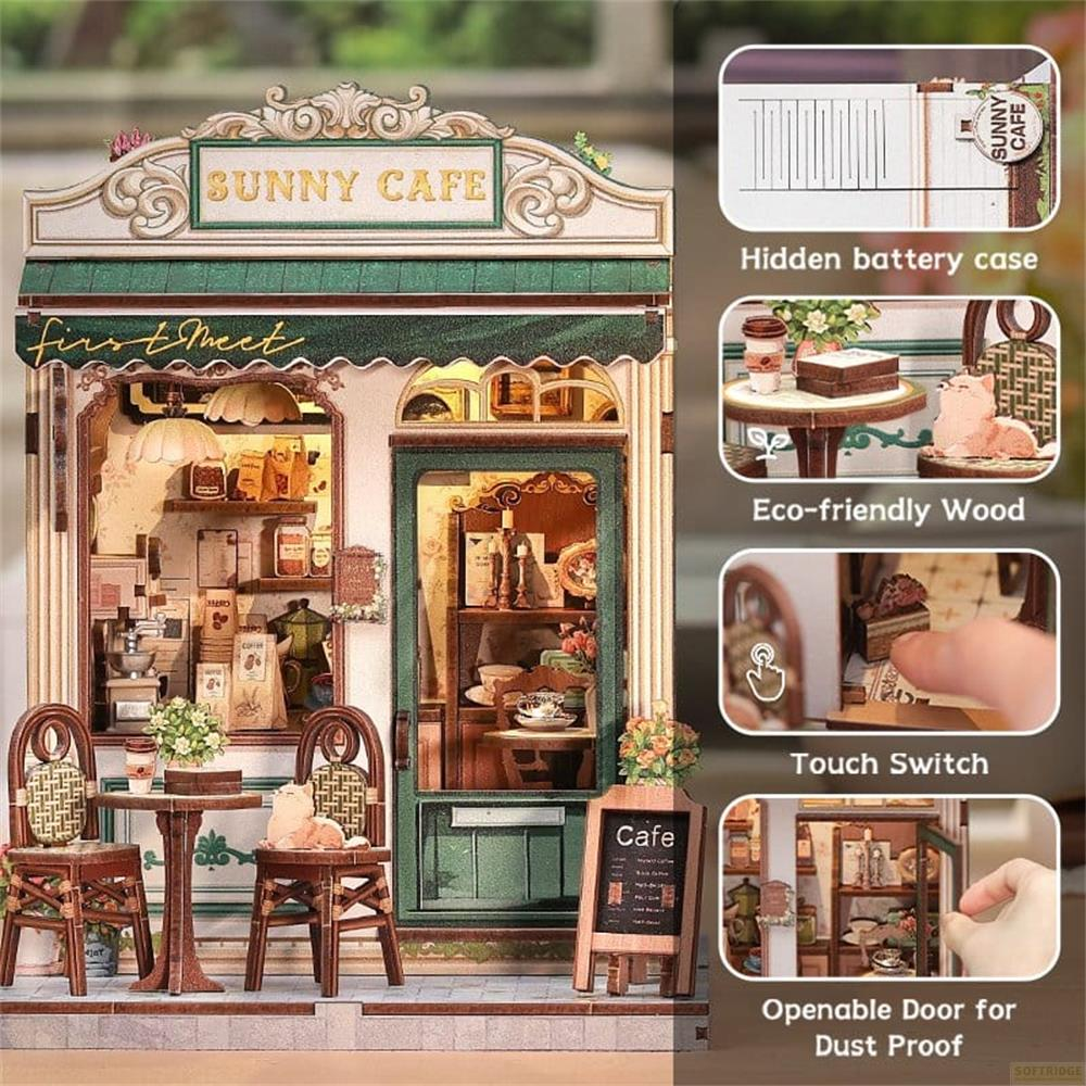 Café miniature avec sièges extérieurs et présentoir intérieur.