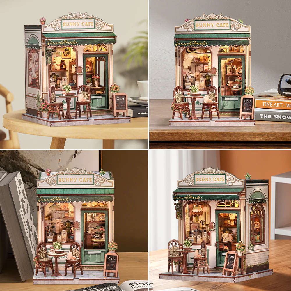 Un modèle miniature de Bunny Cafe avec tables, chaises et intérieur détaillé, éclairé.