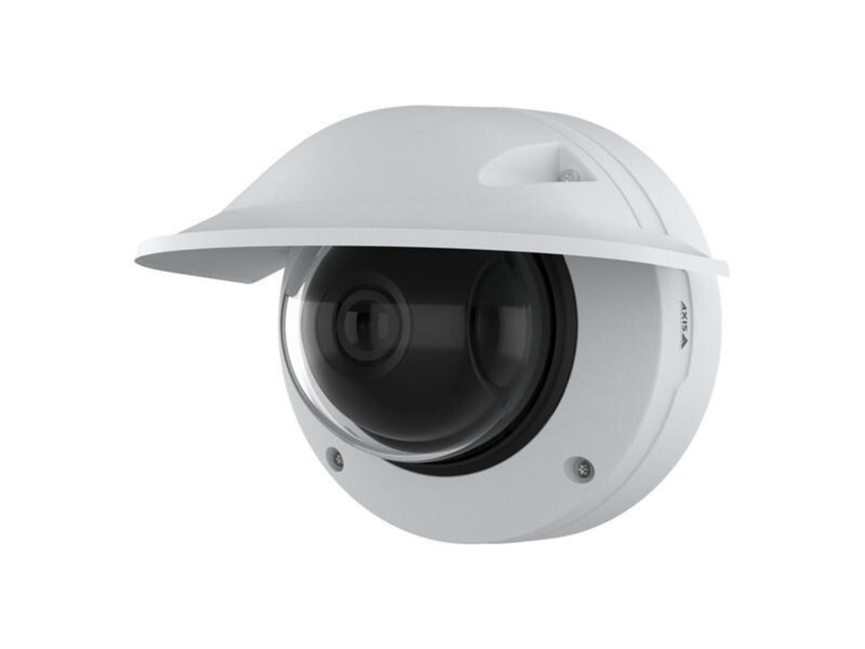 Telecamera di sorveglianza bianca a cupola con visiera parasole.