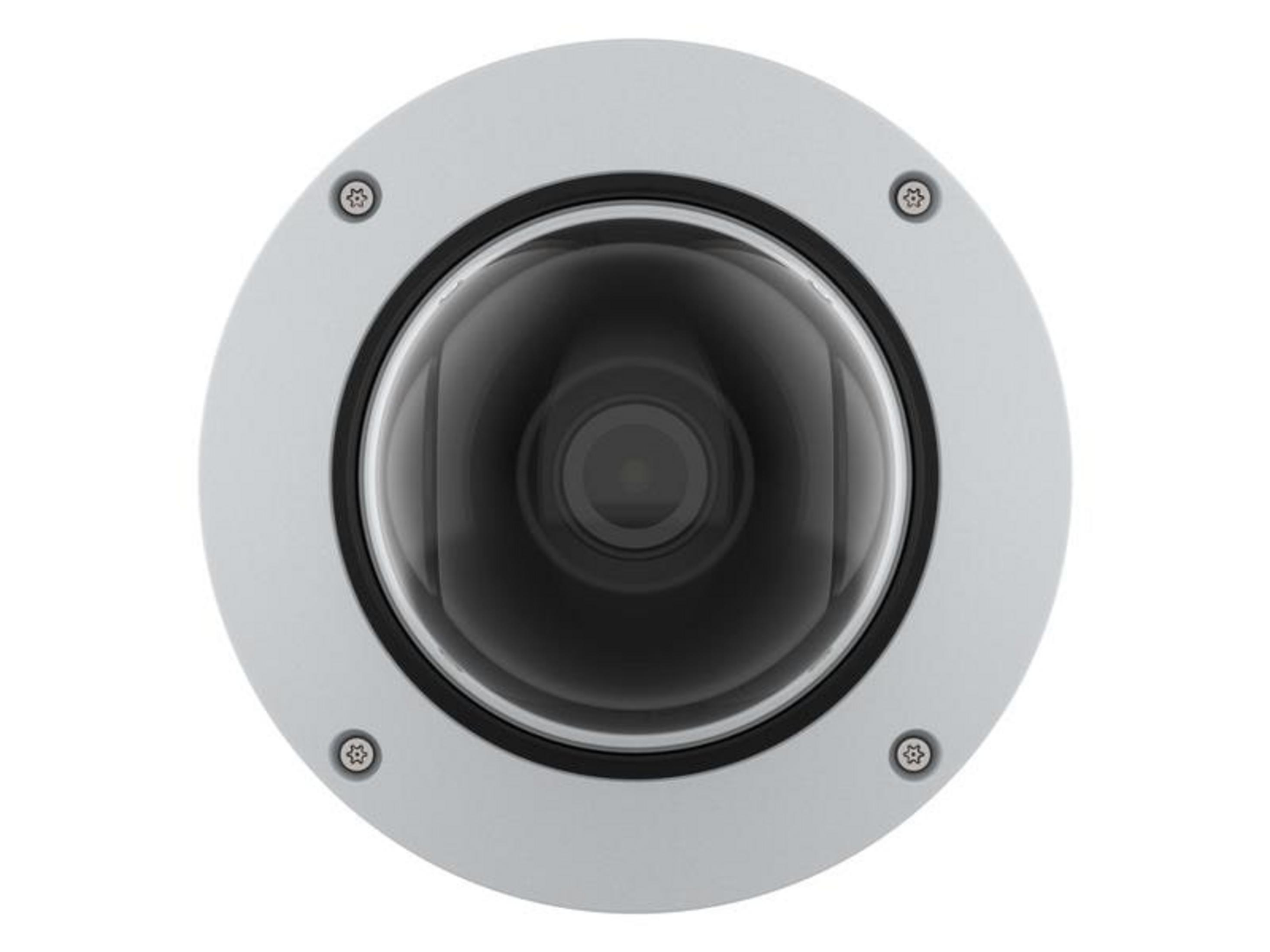 Una telecamera di sicurezza dome con alloggiamento argentato su sfondo bianco.