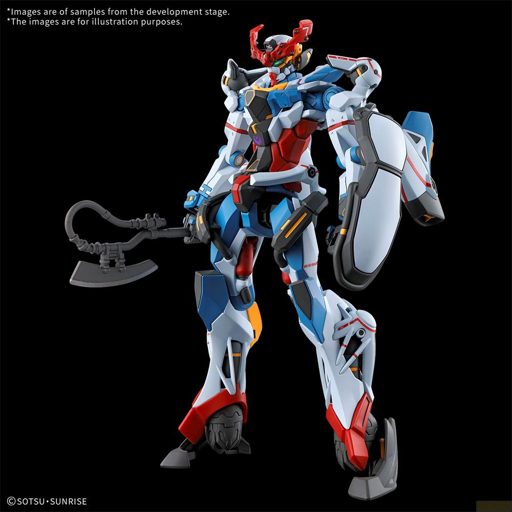 Ein bunter Roboter mit Axt und Schild steht vor schwarzem Hintergrund.