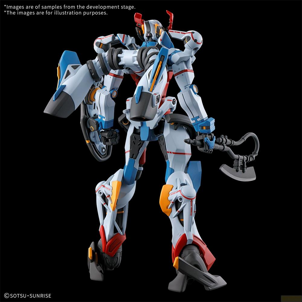 Ein detaillierter, weißer und blauer Roboter mit roten Akzenten, der eine Axt hält.