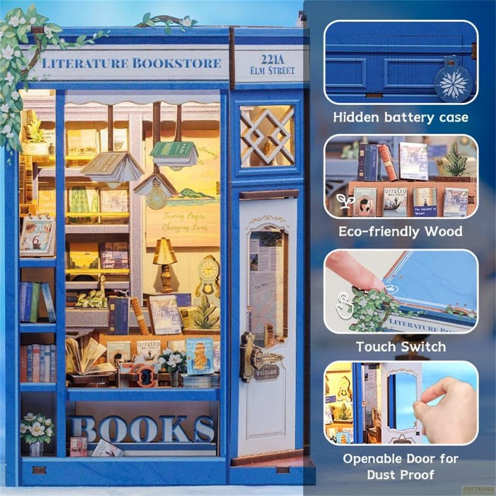 Ein Miniatur-Buchladen in Blau mit der Aufschrift 'Literature Bookstore' und '221A Elm Street'.
