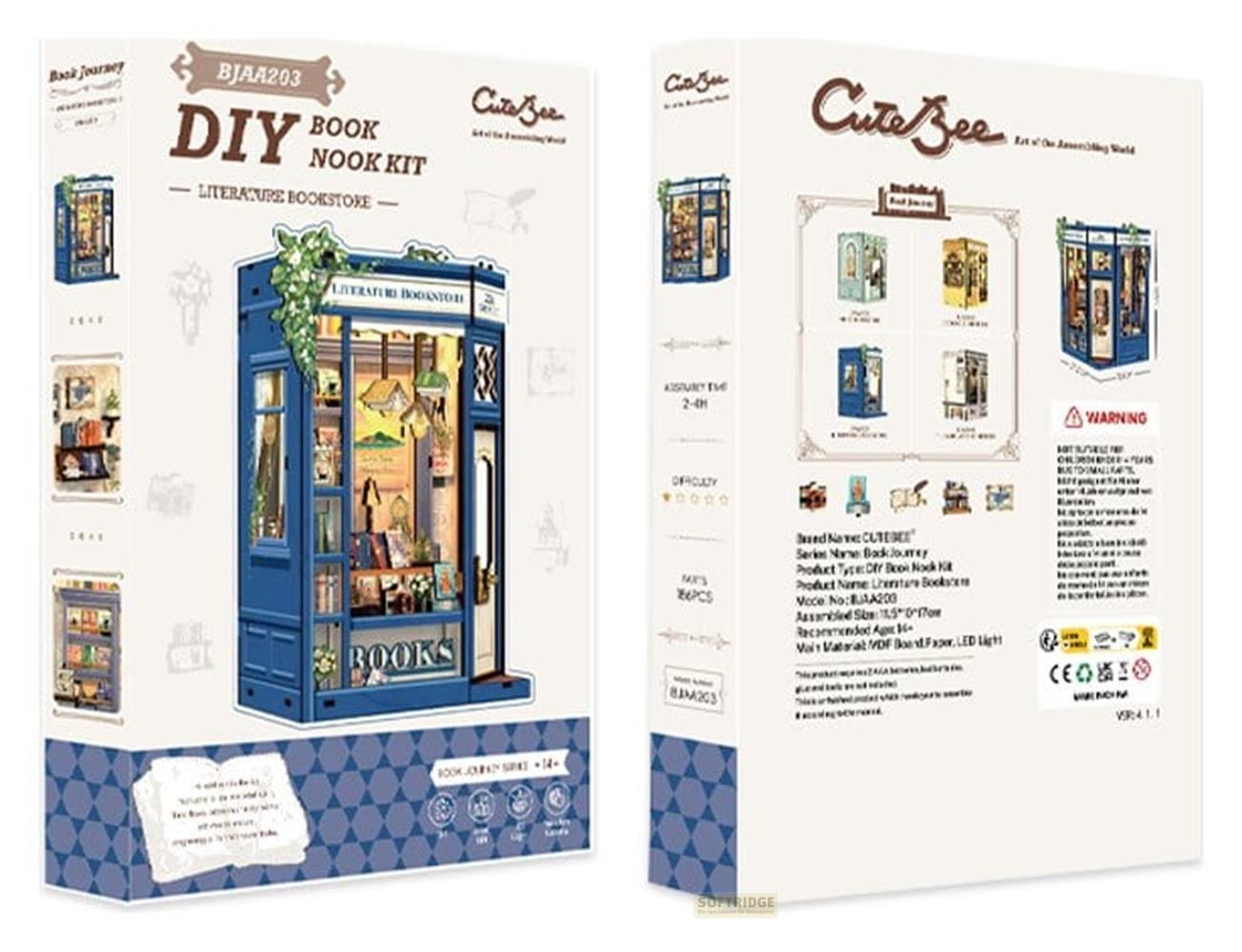 Verpackung eines DIY-Bücherregal-Bausatzes mit einem Buchladendesign, detaillierte Illustrationen.