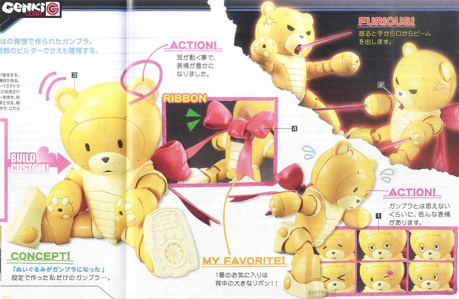 Ein gelber Teddybär-Gundam mit verschiedenen Gesichtsausdrücken und einem roten Band.