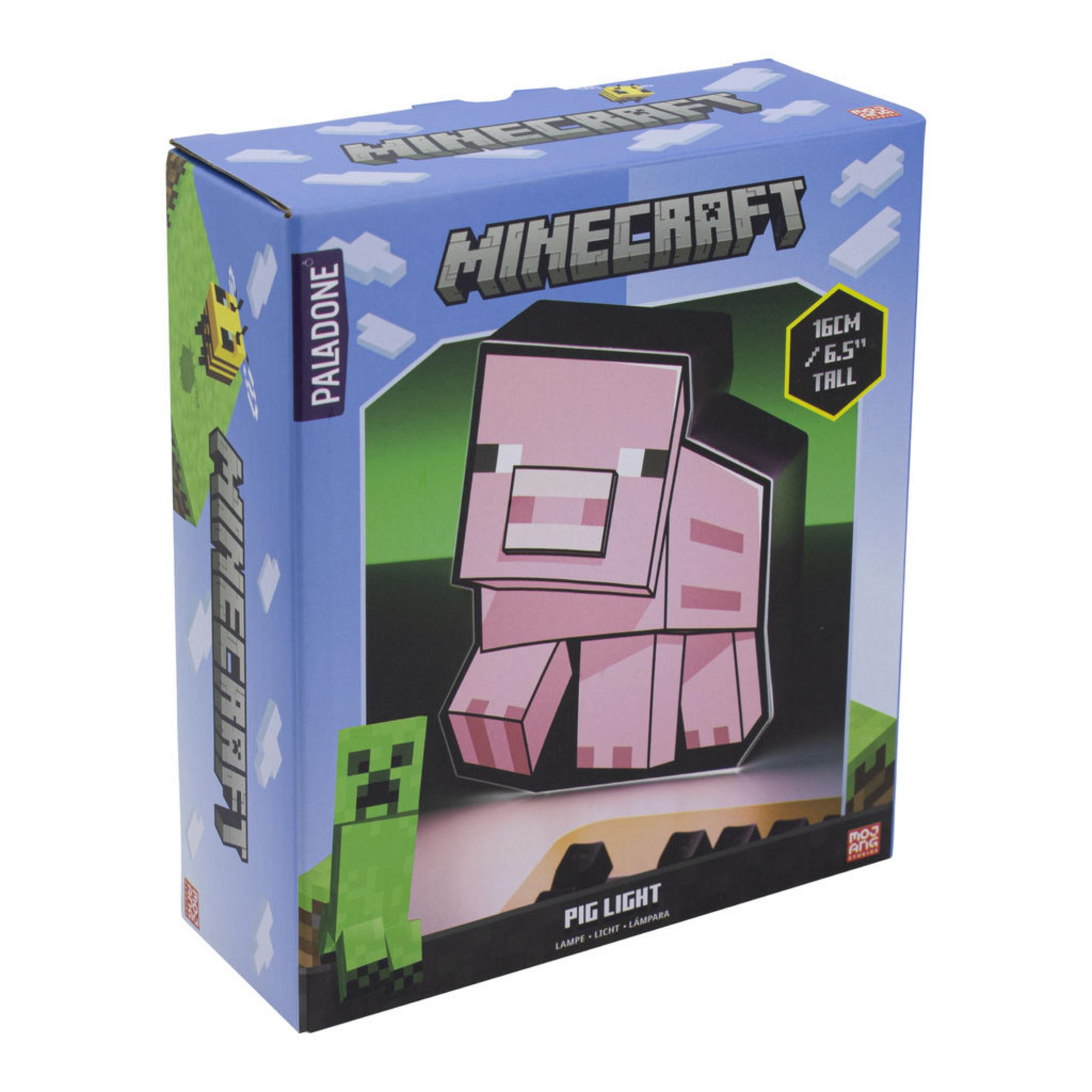 Lampa Minecraft Świnia na pudełku z grafiką Creepera i Pszczoły.