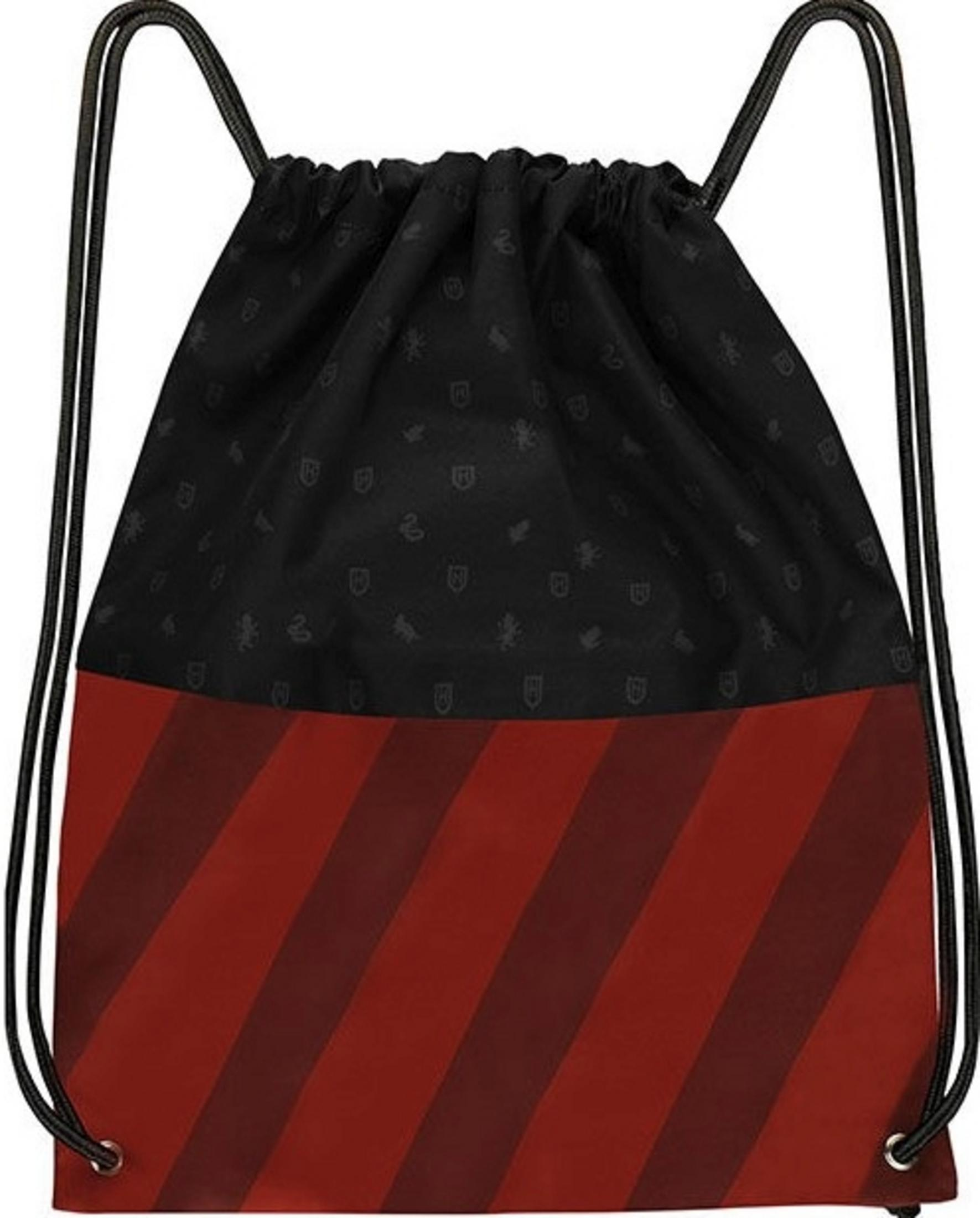 Schwarzer Rucksack mit roten Streifen und kleinen Mustern.