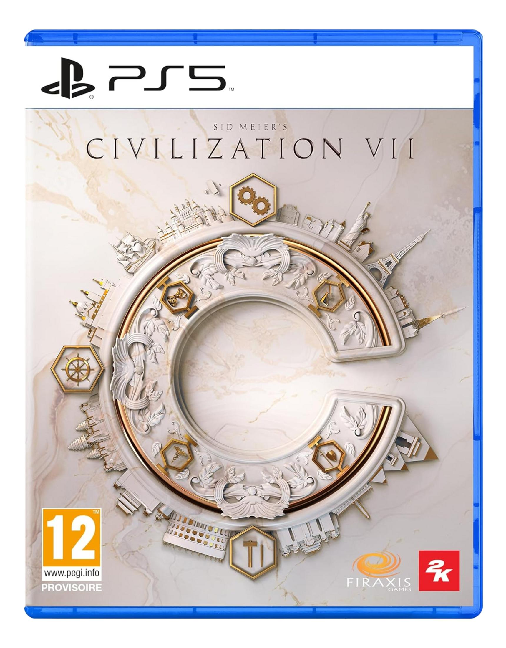 Copertina gioco PS5 Civilization VII con logo PS5 e ornato design circolare.
