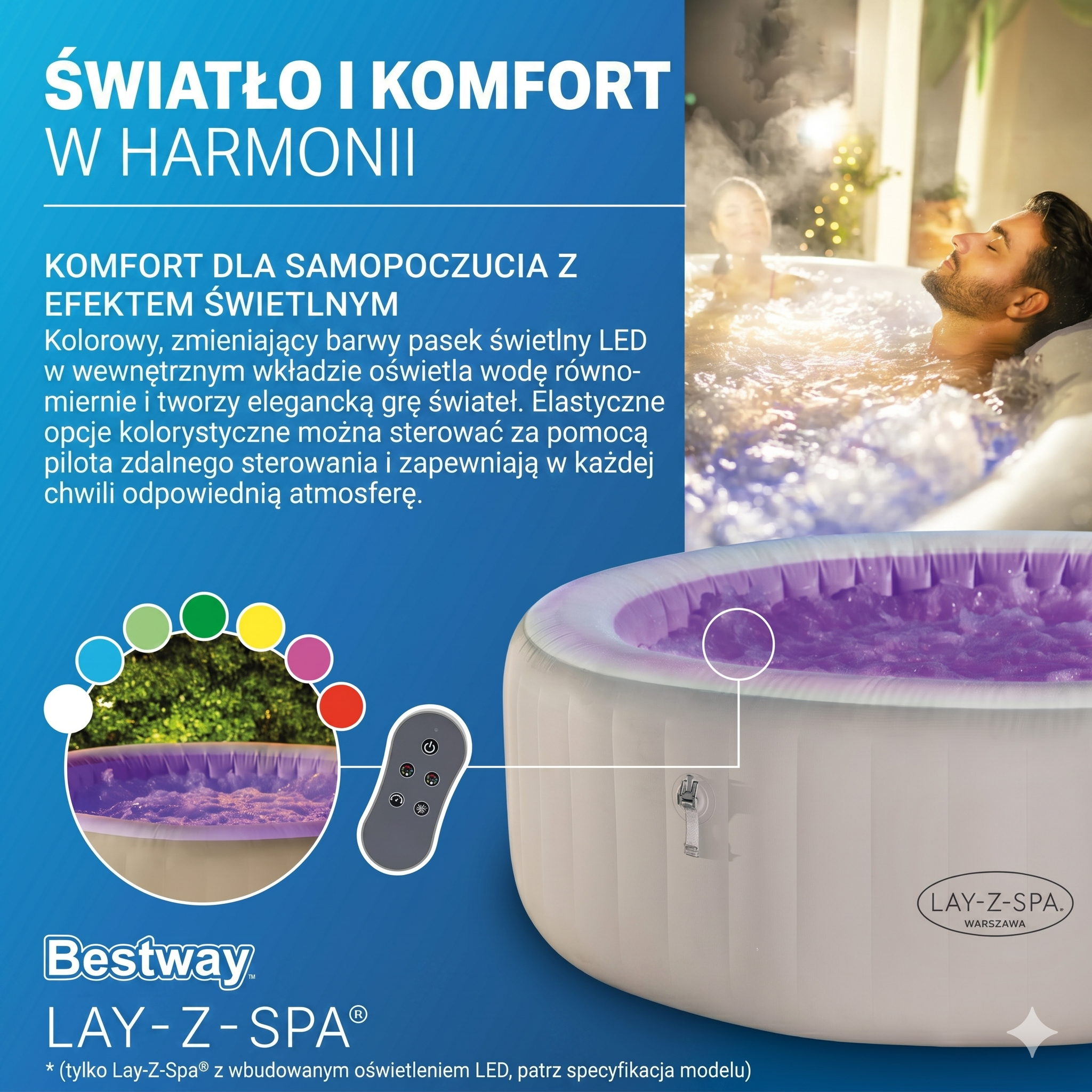 Mężczyzna relaksuje się w dmuchanym jacuzzi z oświetleniem LED i parą.