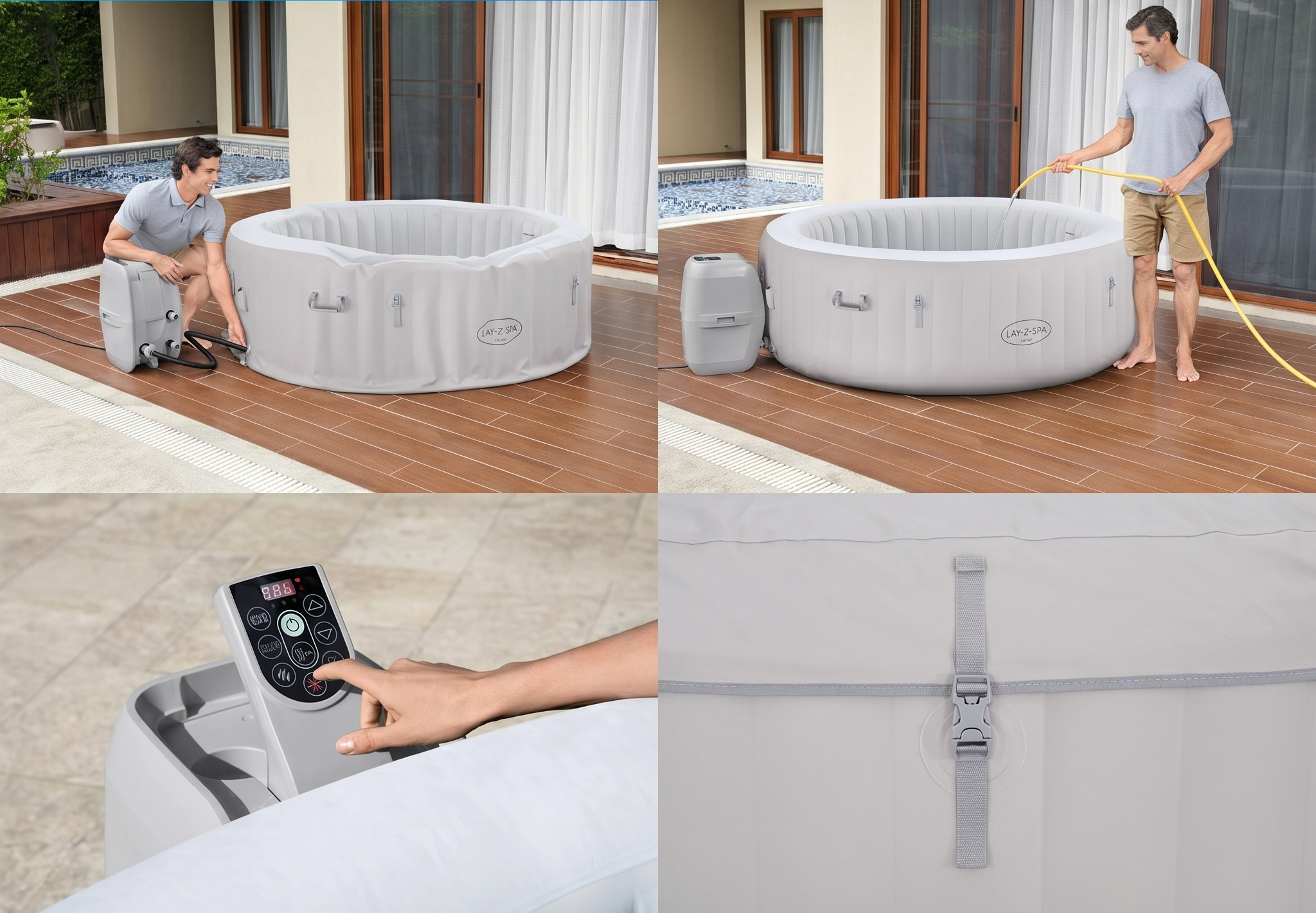 Mężczyzna rozstawia dmuchany jacuzzi; Mężczyzna napełnia jacuzzi wężem; Panel sterowania jacuzzi; Szczegół paska jacuzzi