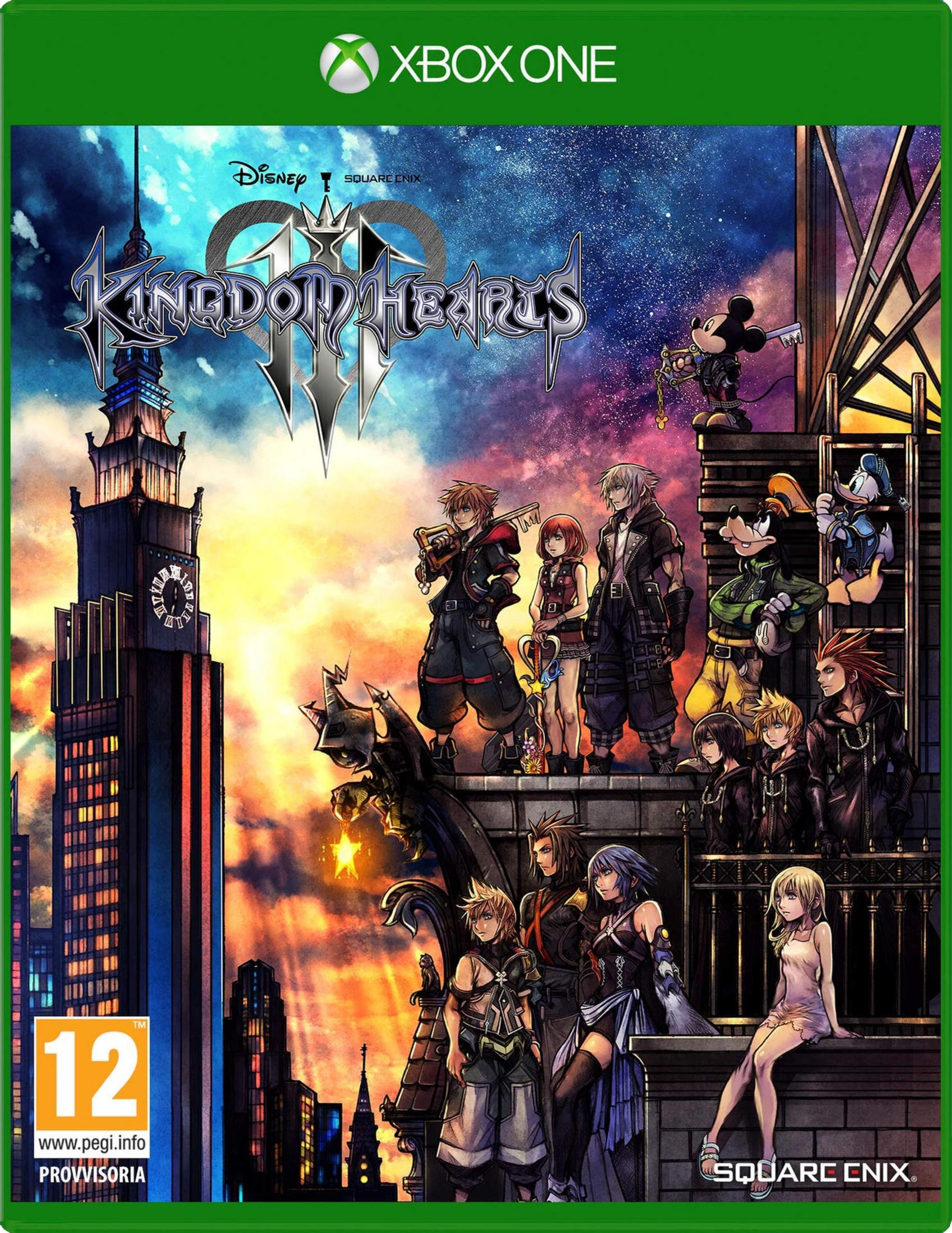 Copertina di Kingdom Hearts III con personaggi sui tetti, sfondo città.