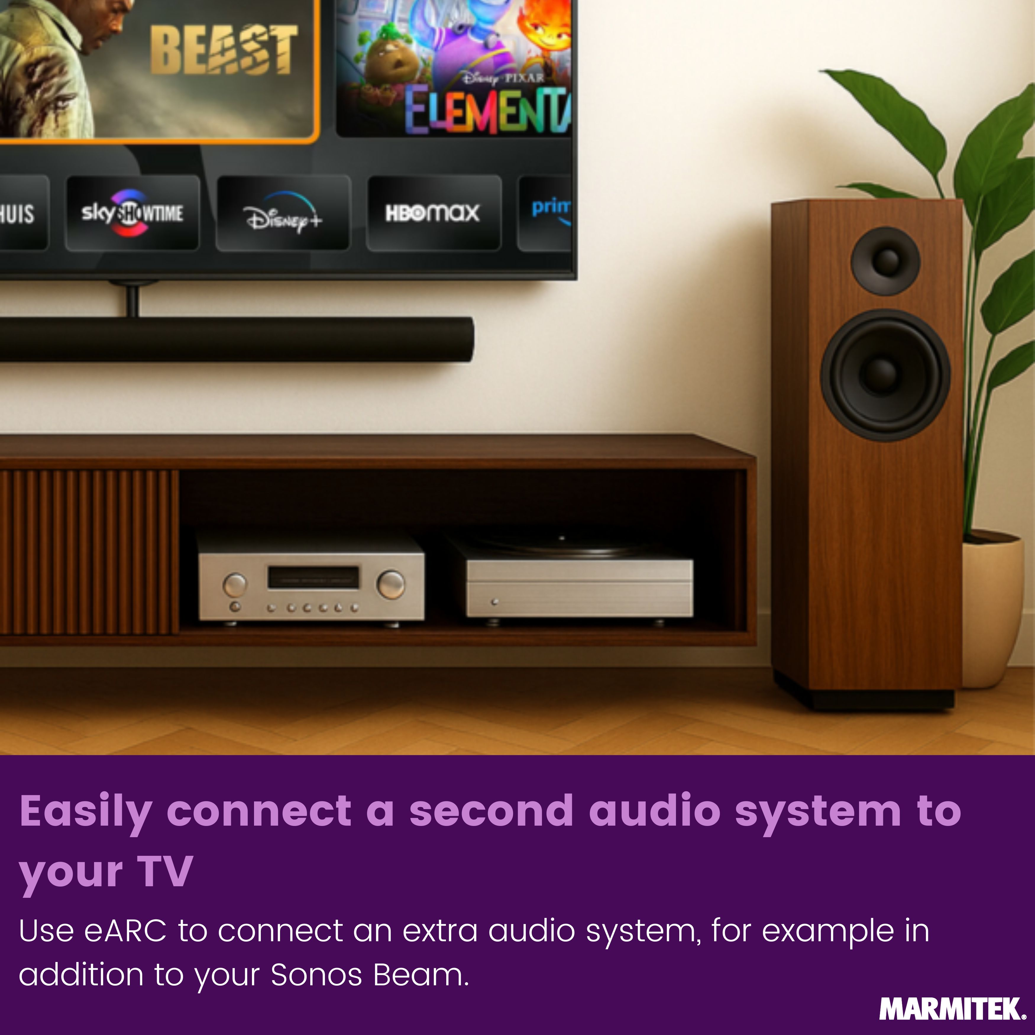 A TV displaying apps like 'Beast' and 'Elemental' sits above audio equipment.