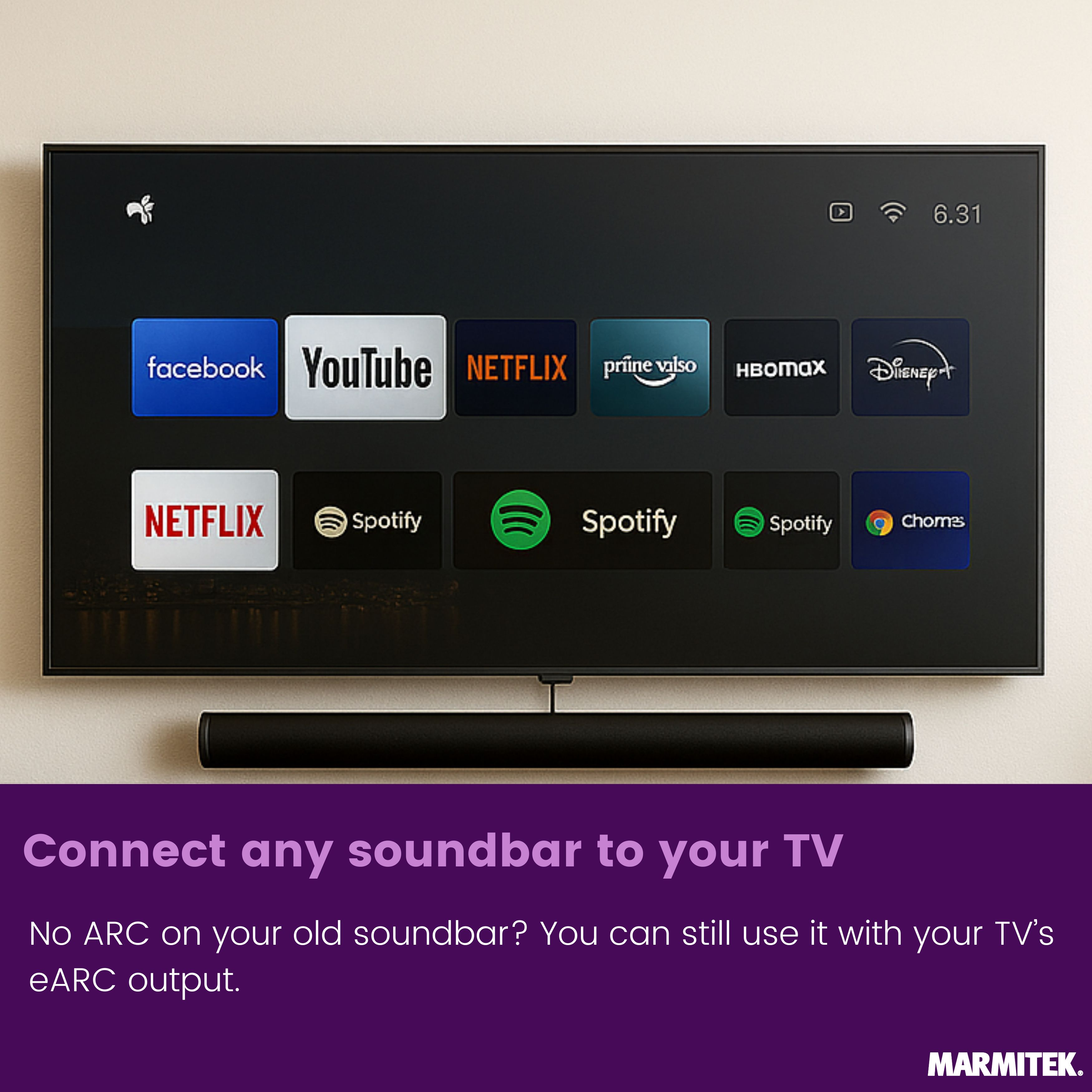 A modern TV displays app icons; a soundbar below it.