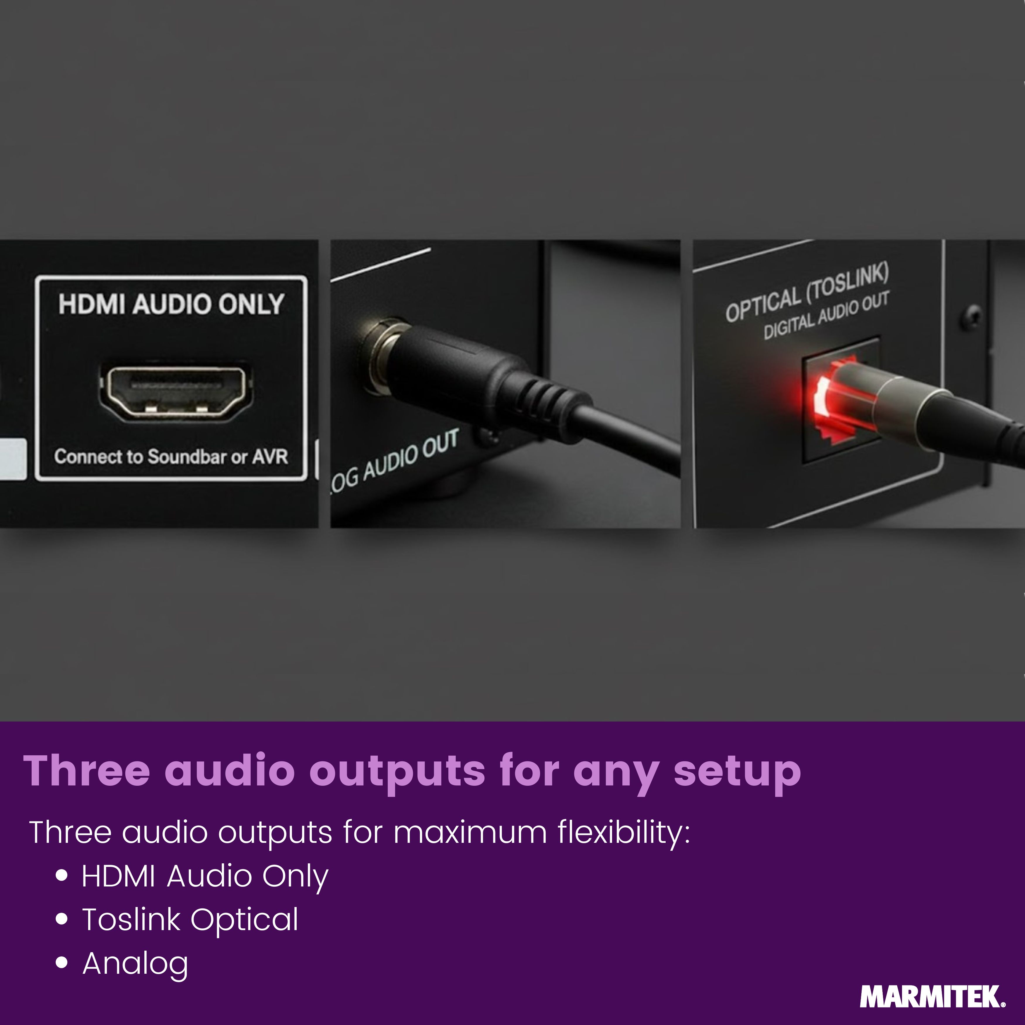 Three audio outputs: HDMI, Toslink optical, and analog.
