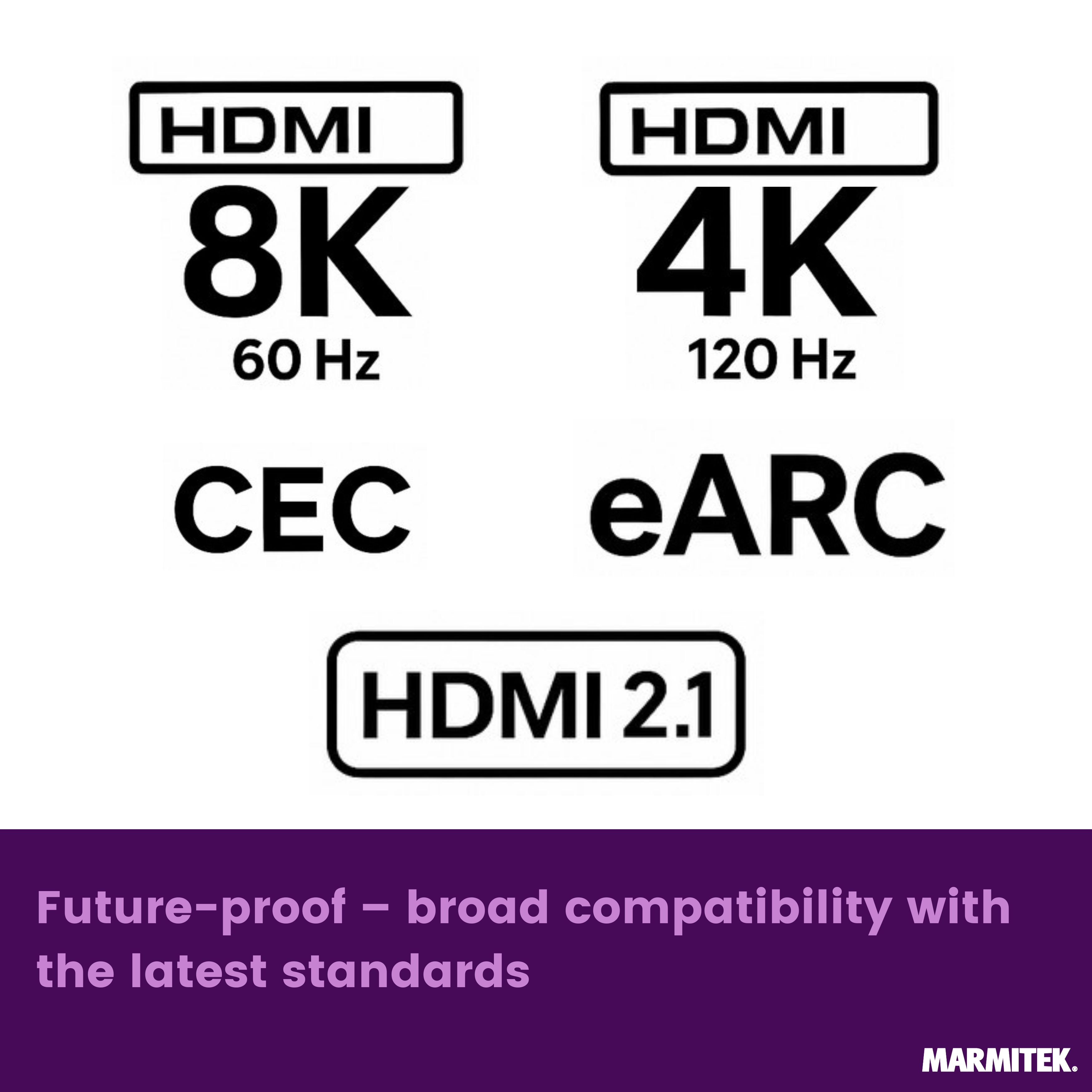 HDMI 8K 60Hz, 4K 120Hz, CEC, eARC, HDMI 2.1 Logos.