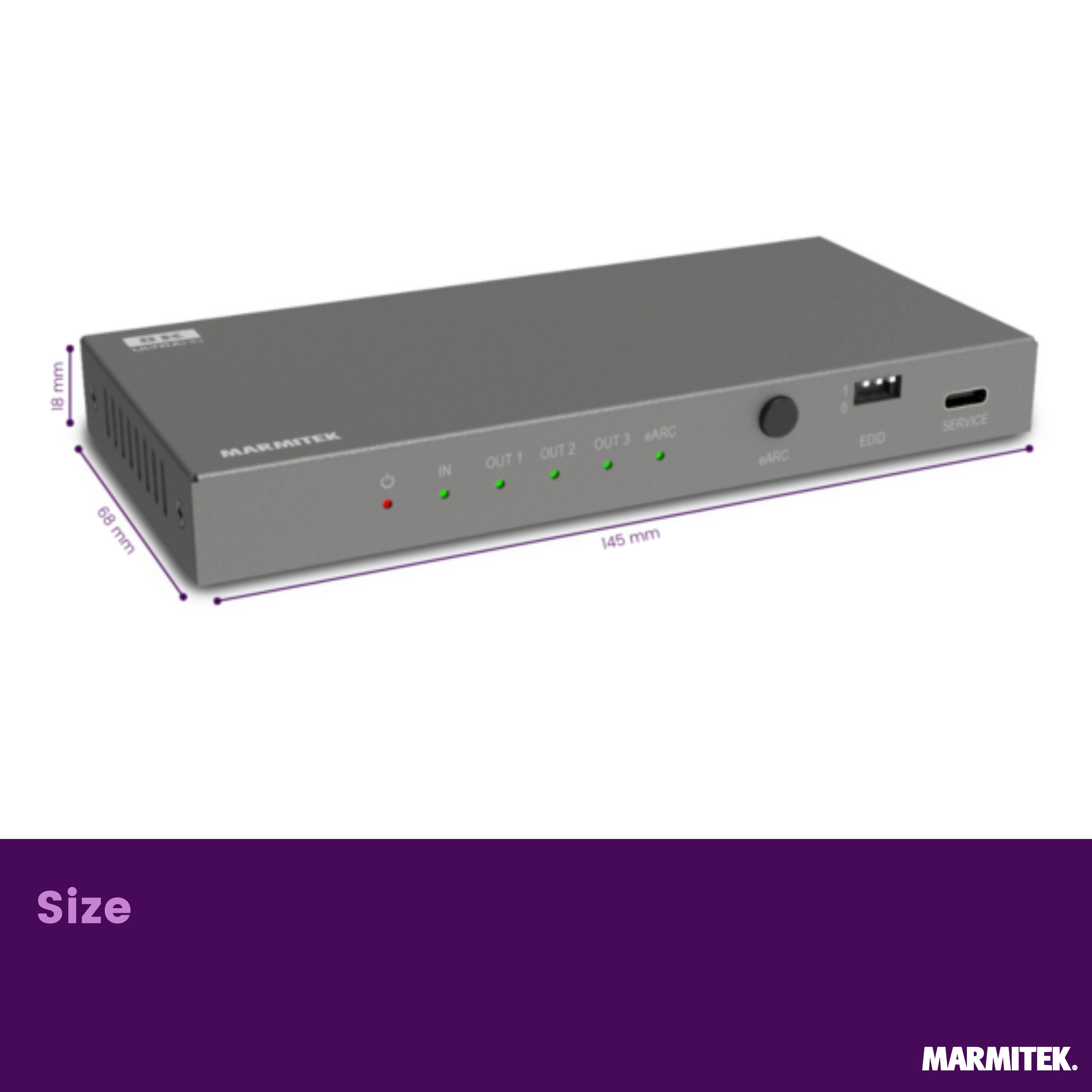 Gray Marmitek splitter, 145x68x18mm. Ports: IN, OUT 1-3, eARC, EDID, Service.
