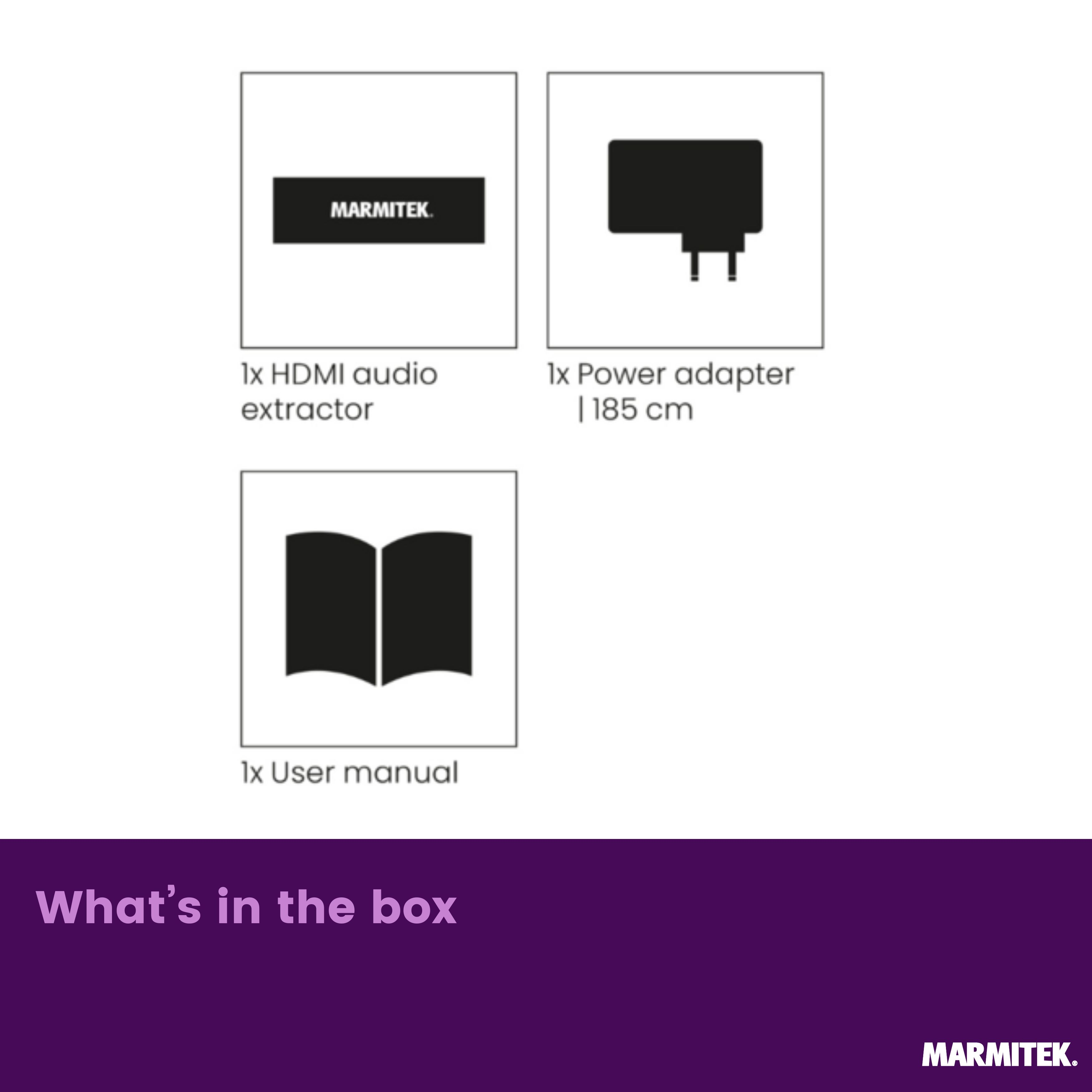 Box contents: HDMI audio extractor, power adapter (185cm), user manual.