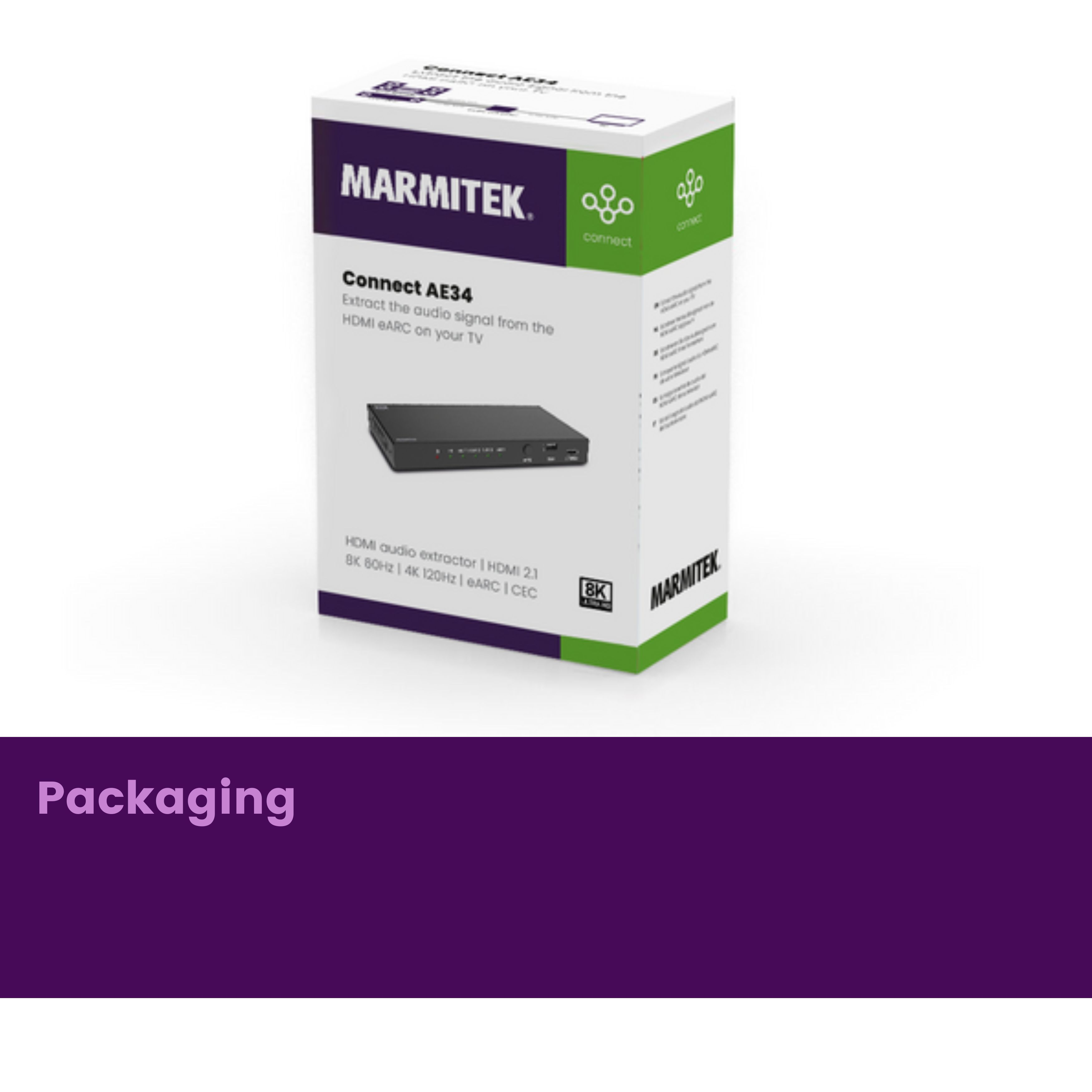 Marmitek Connect AE34 HDMI audio extractor packaging with device.