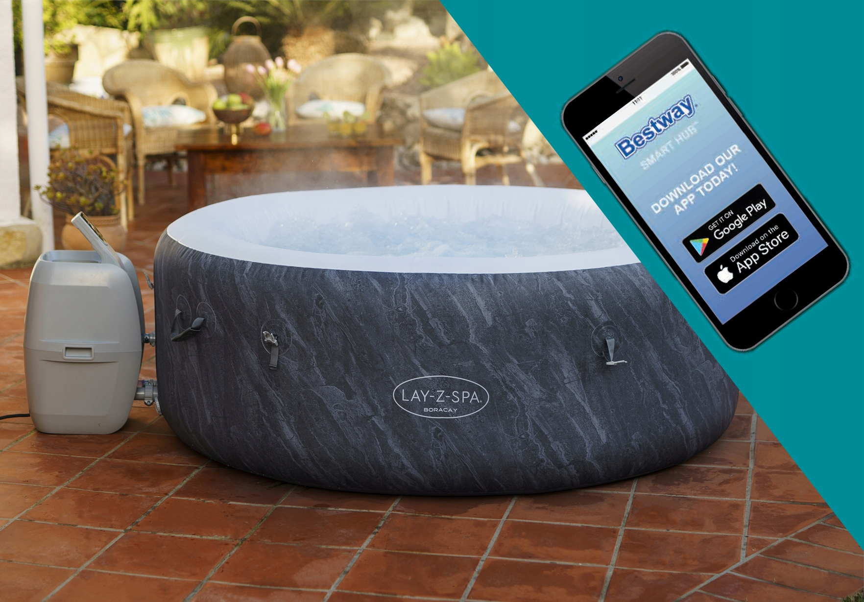 Nadmuchiwany jacuzzi Lay-Z-Spa Boracay z pompą i telefonem pokazującym aplikację Bestway.
